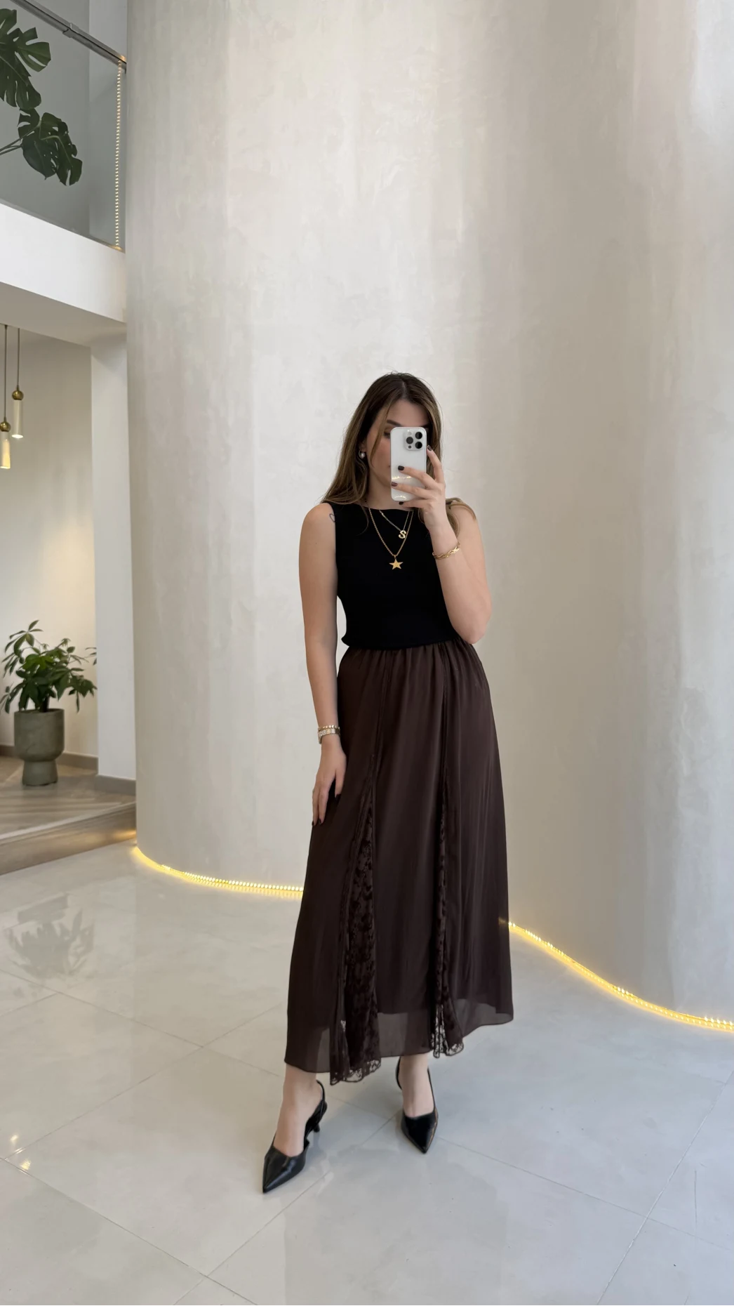 Finesse Astralı Dantel Detay Şifon Etek - Kahverengi - Kod: 3371