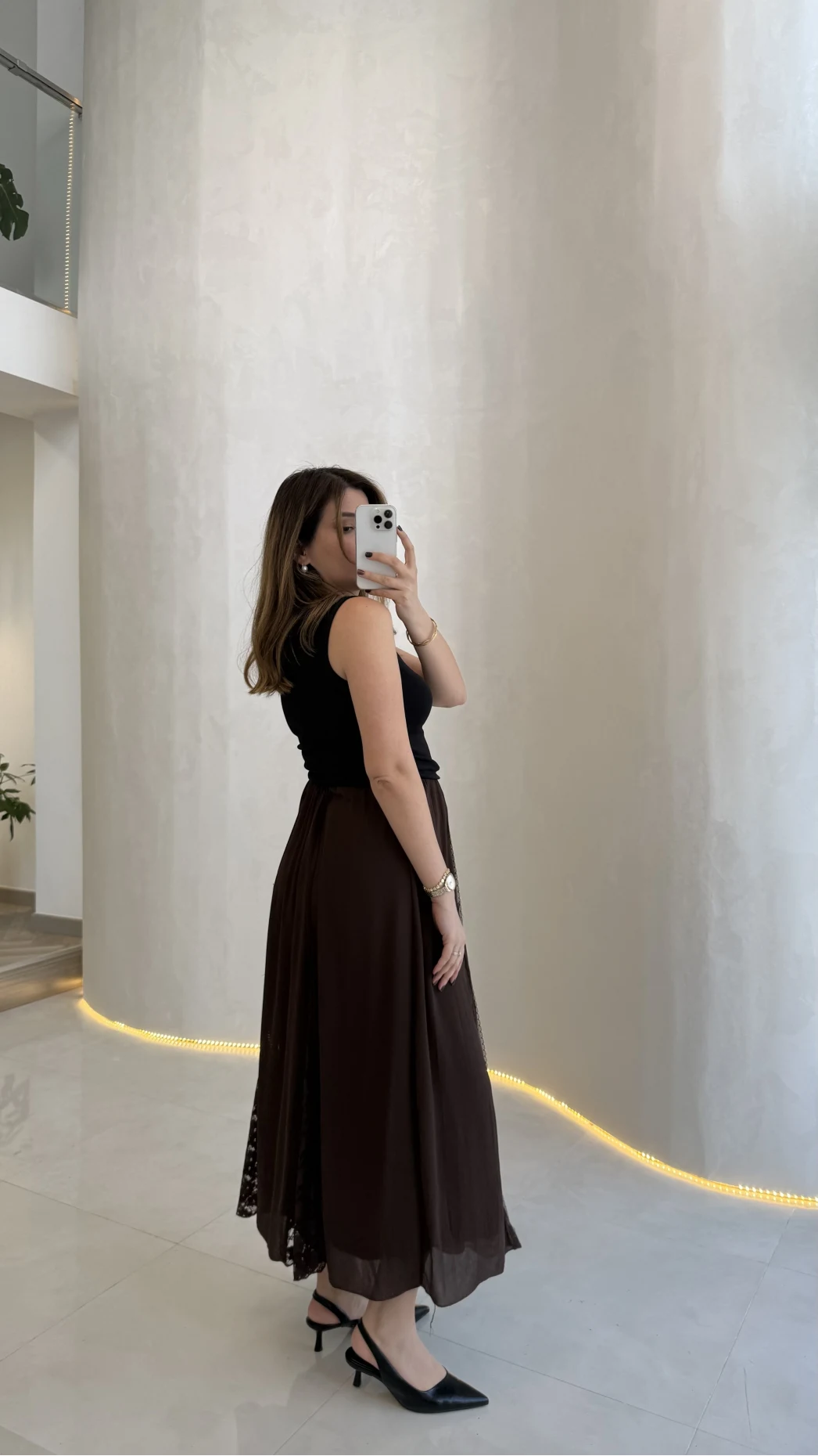 Finesse Astralı Dantel Detay Şifon Etek - Kahverengi - Kod: 3371