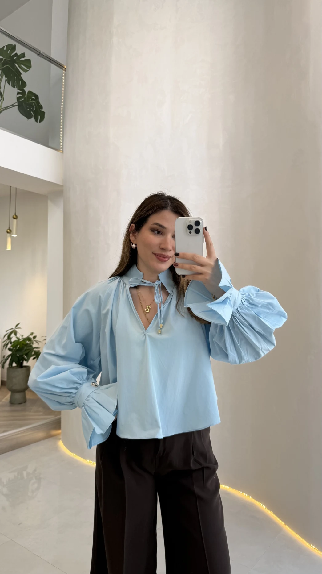 Soleil Bilek Detay Balon Kol Bluz - Mavi - Kod: 112254