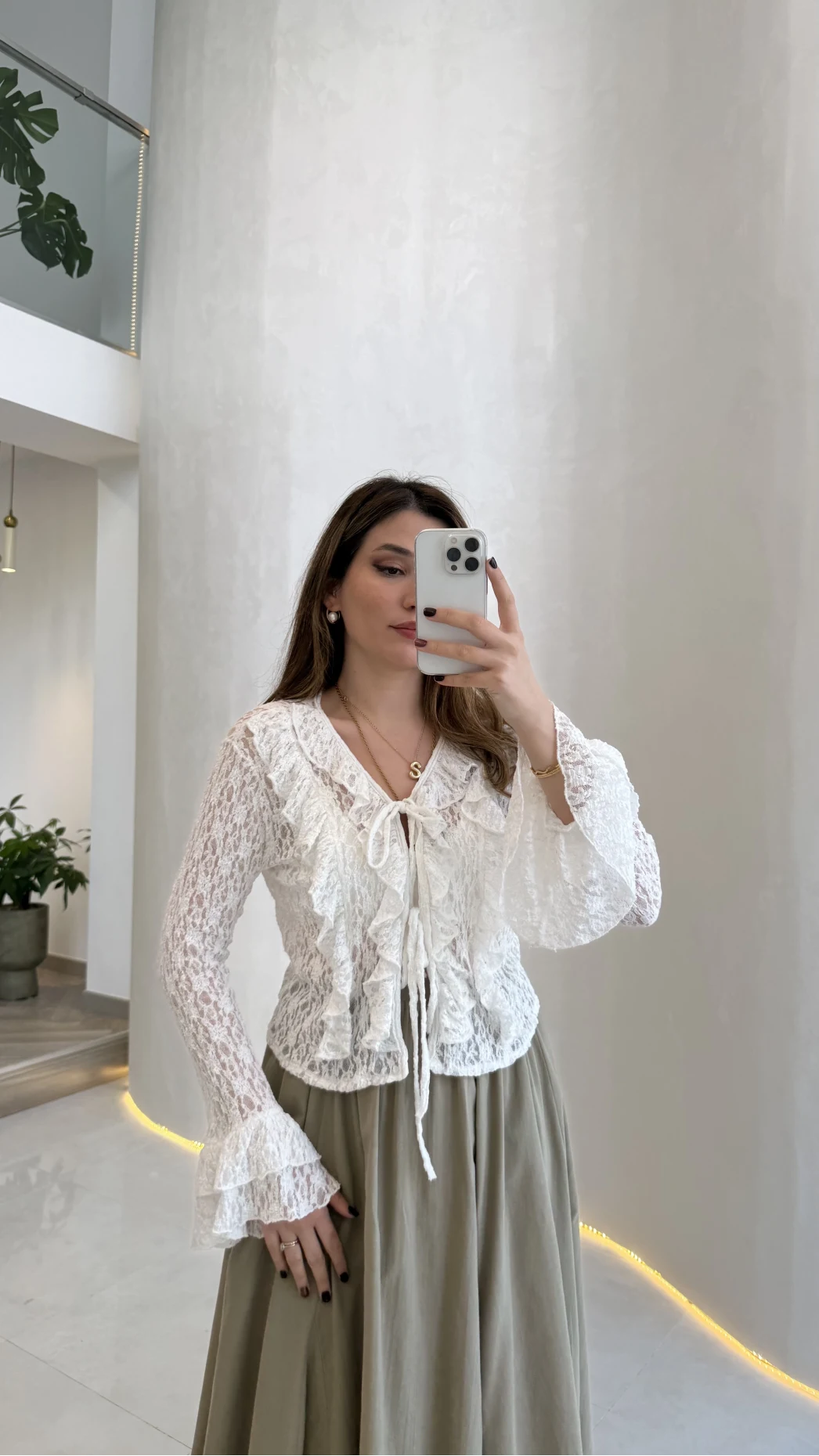 Harmony Fırfırlı Bağlamalı Dantel Bluz - Ekru - Kod: 1068