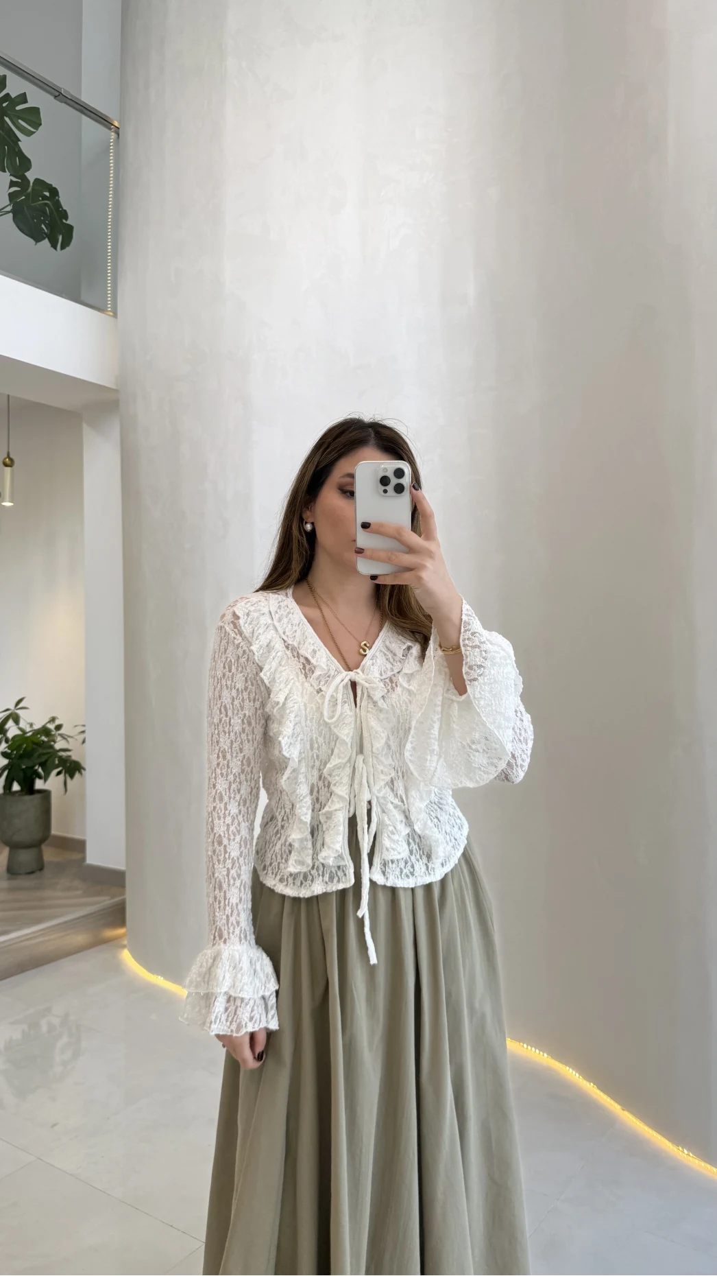 Harmony Fırfırlı Bağlamalı Dantel Bluz - Ekru - Kod: 1068