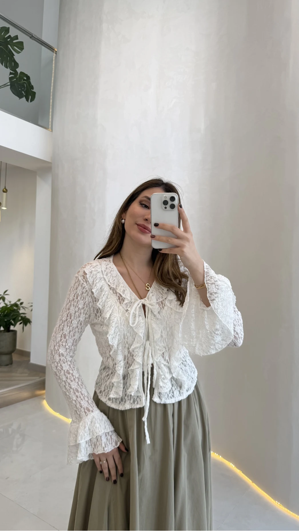 Harmony Fırfırlı Bağlamalı Dantel Bluz - Ekru - Kod: 1068