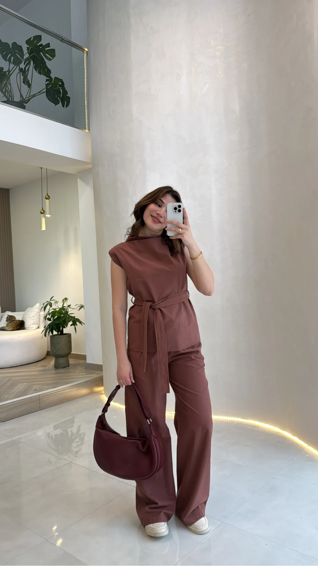 Access Kuşaklı Dik Yaka Sıfır Kol Vatkalı Takım - Kiremit - Kod: 8965