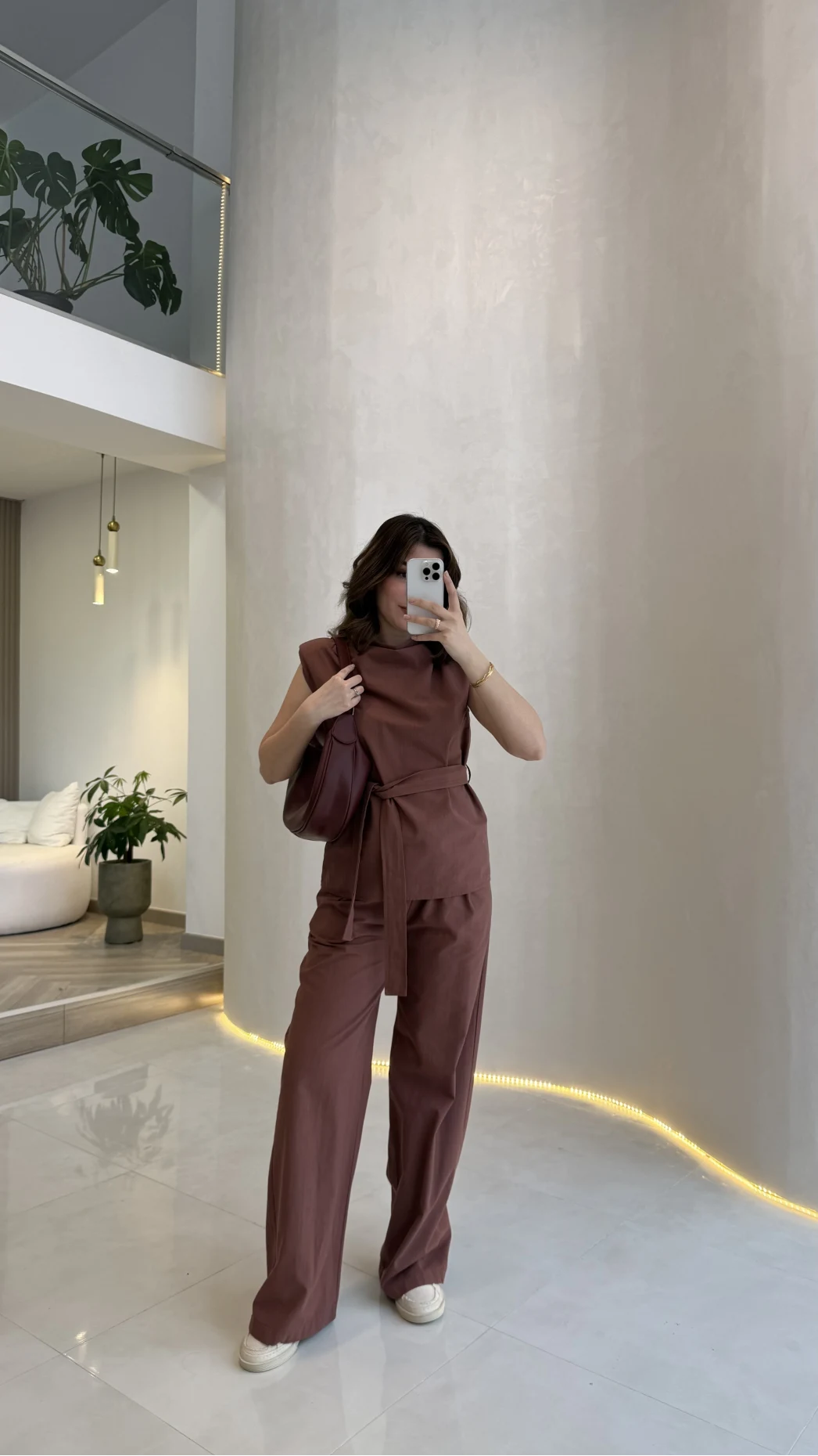 Access Kuşaklı Dik Yaka Sıfır Kol Vatkalı Takım - Kiremit - Kod: 8965