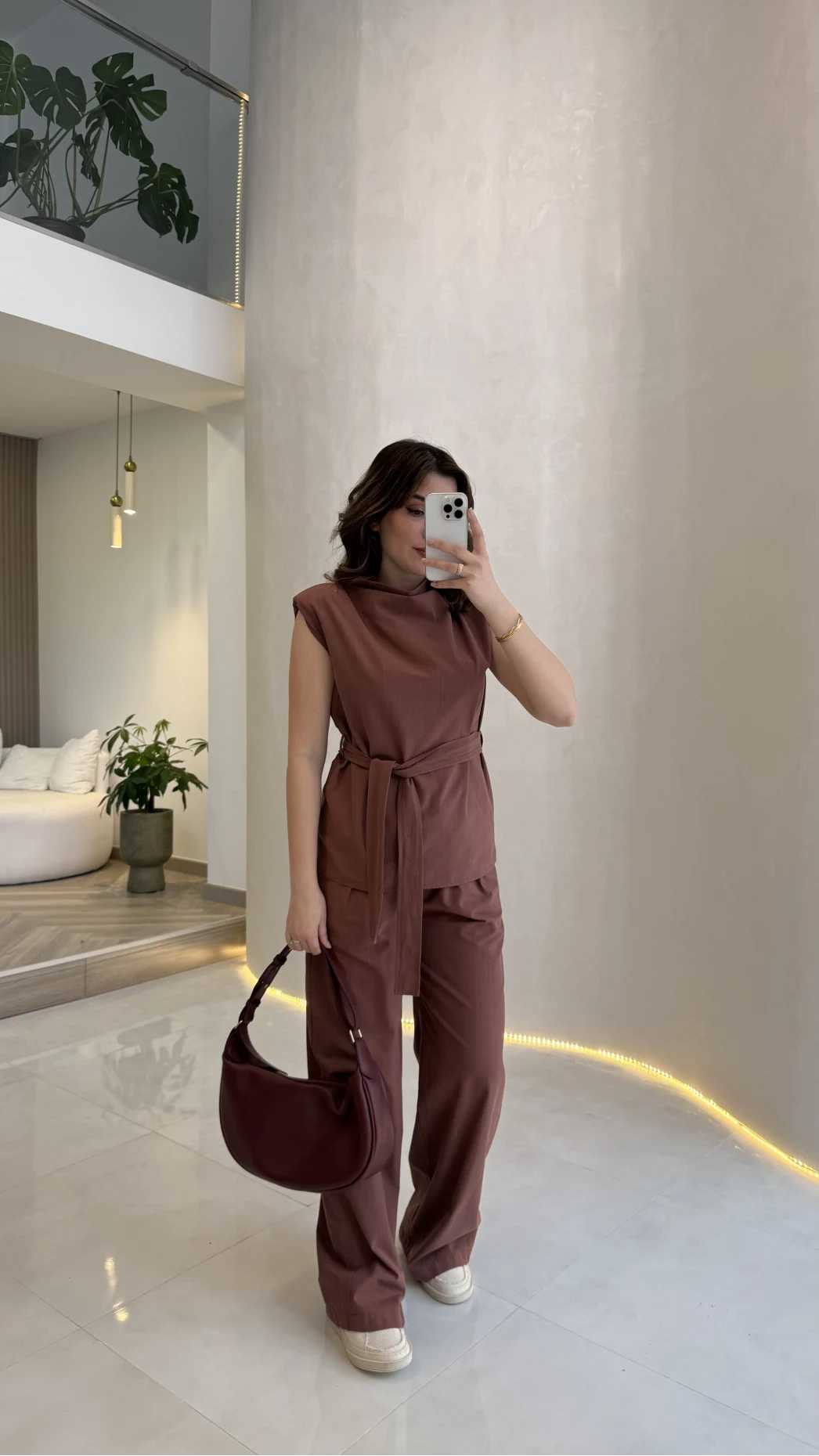 Access Kuşaklı Dik Yaka Sıfır Kol Vatkalı Takım - Kiremit - Kod: 8965