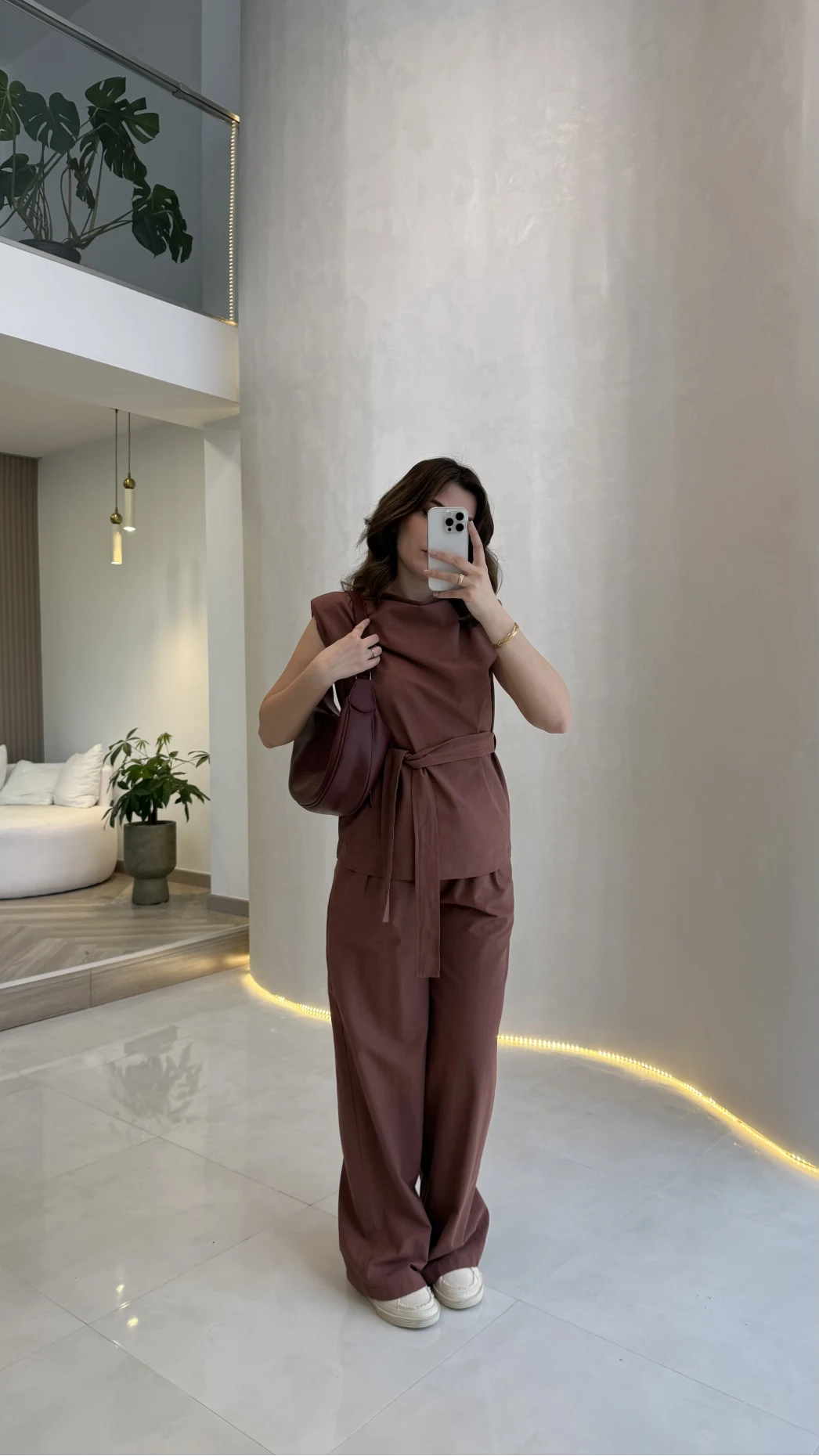 Access Kuşaklı Dik Yaka Sıfır Kol Vatkalı Takım - Kiremit - Kod: 8965