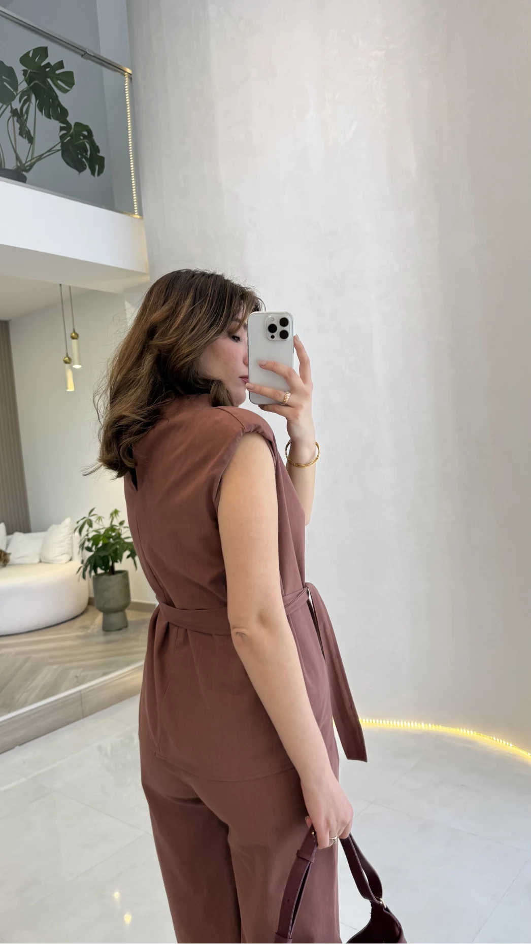 Access Kuşaklı Dik Yaka Sıfır Kol Vatkalı Takım - Kiremit - Kod: 8965