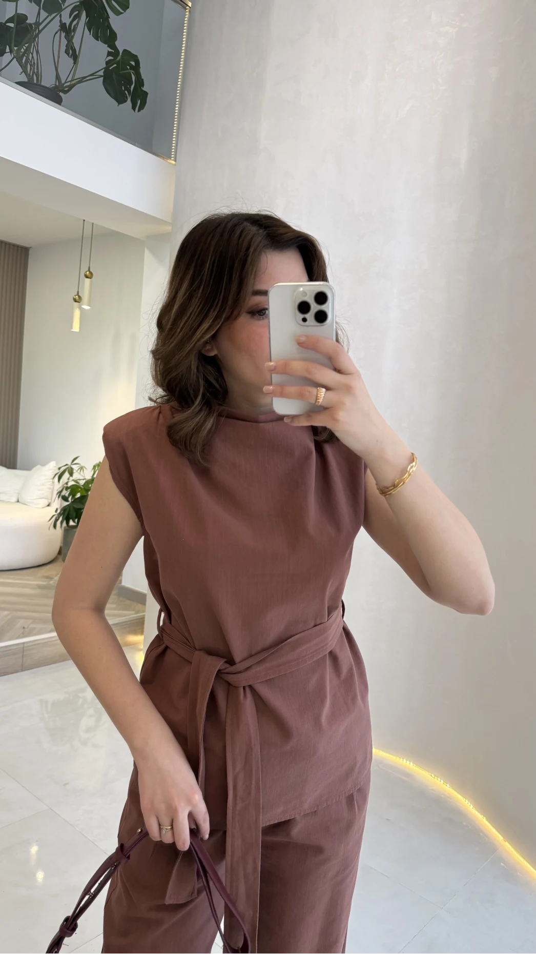 Access Kuşaklı Dik Yaka Sıfır Kol Vatkalı Takım - Kiremit - Kod: 8965