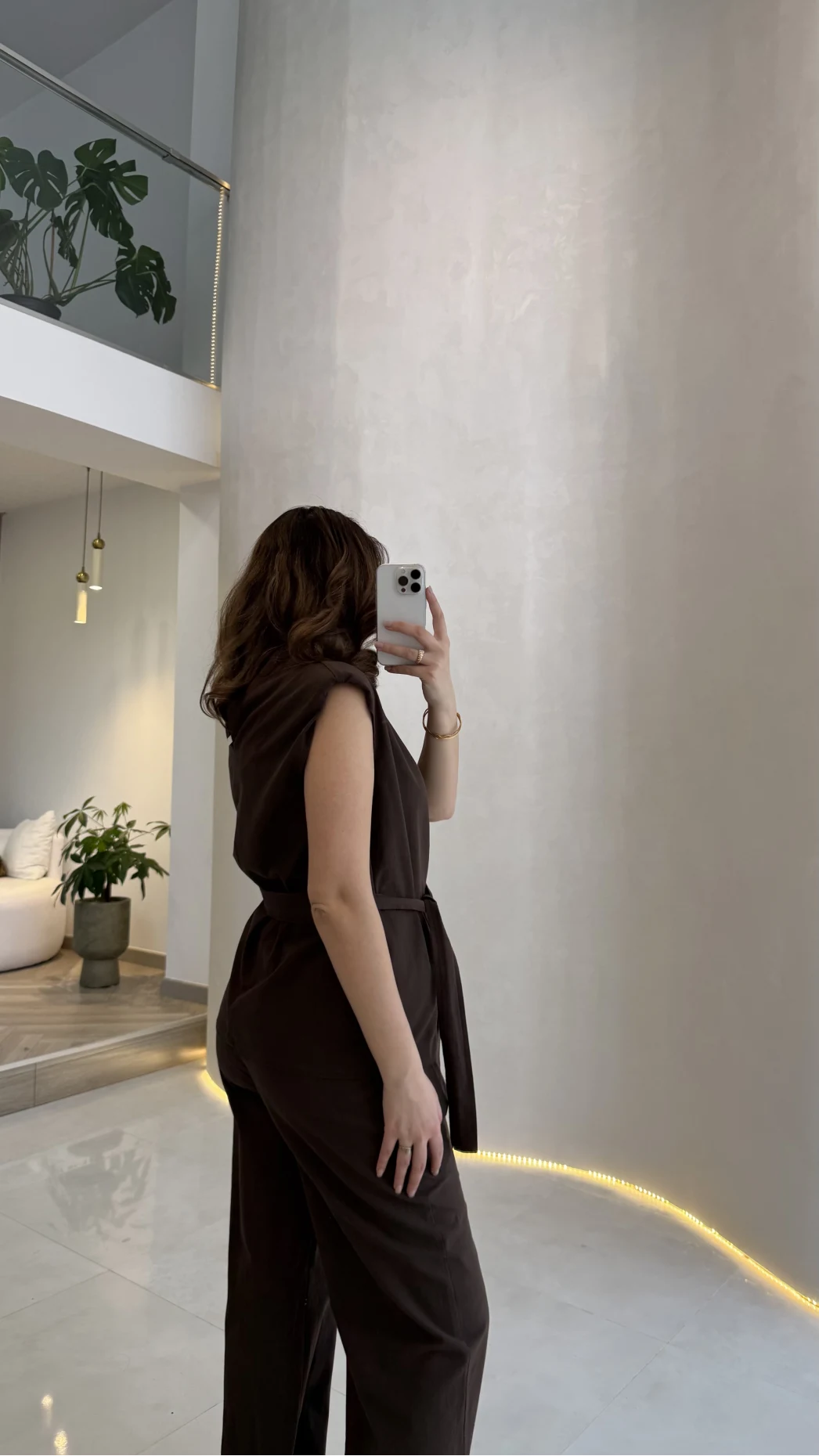 Access Kuşaklı Dik Yaka Sıfır Kol Vatkalı Takım - Kahve - Kod: 8965