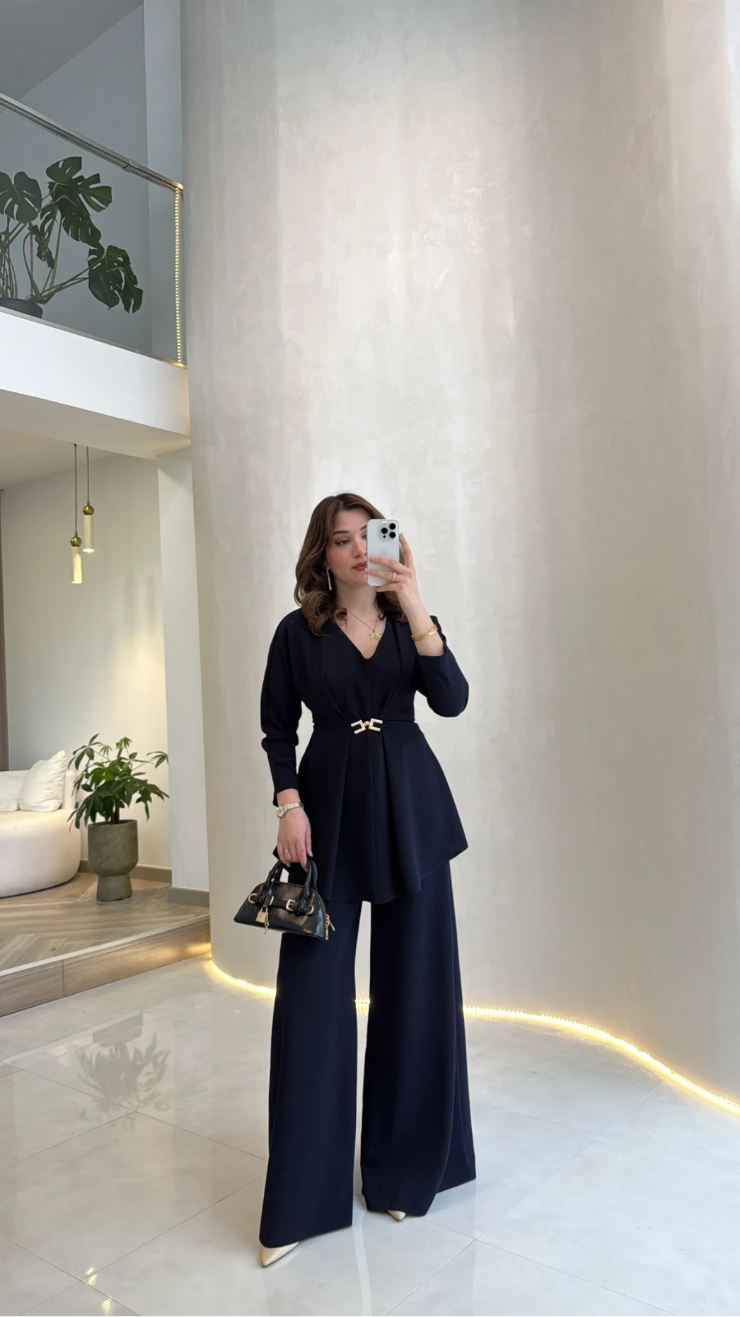 Beli Toka Detaylı Bluz Pantolon Takım - Lacivert - Kod: 9399