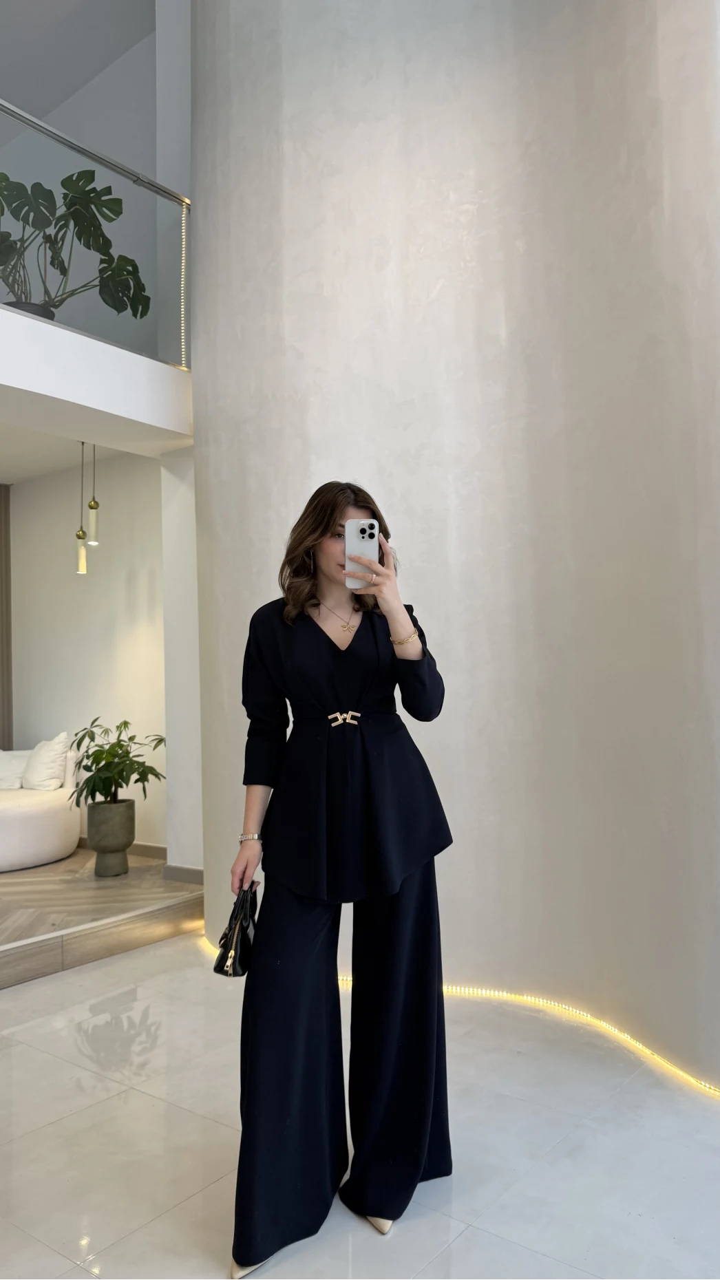 Beli Toka Detaylı Bluz Pantolon Takım - Lacivert - Kod: 9399