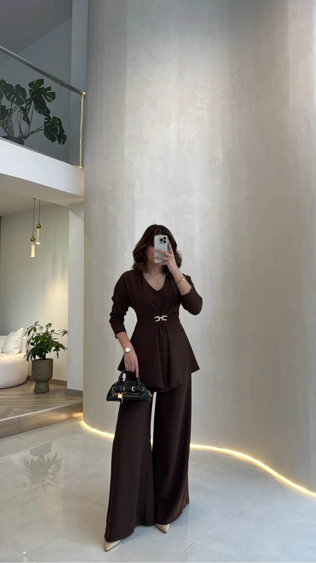 Beli Toka Detaylı Bluz Pantolon Takım - Kahverengi - Kod: 9399