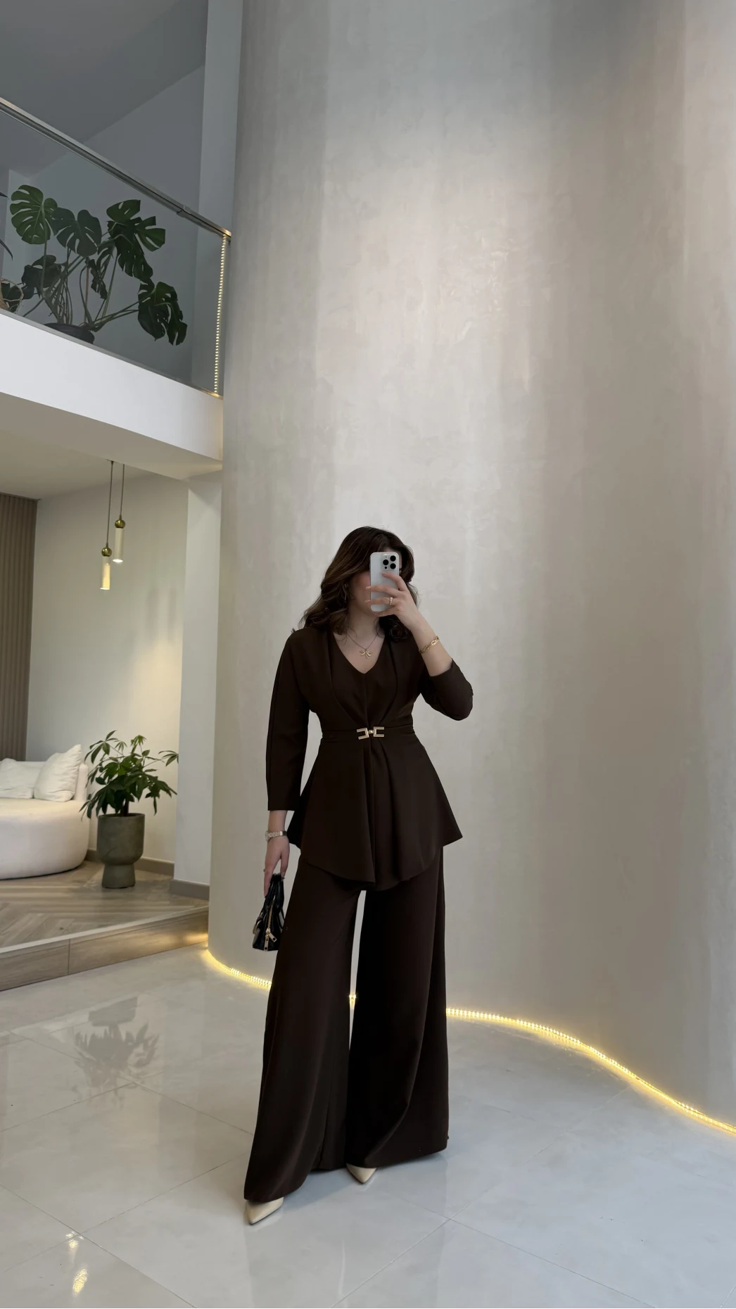 Beli Toka Detaylı Bluz Pantolon Takım - Kahverengi - Kod: 9399