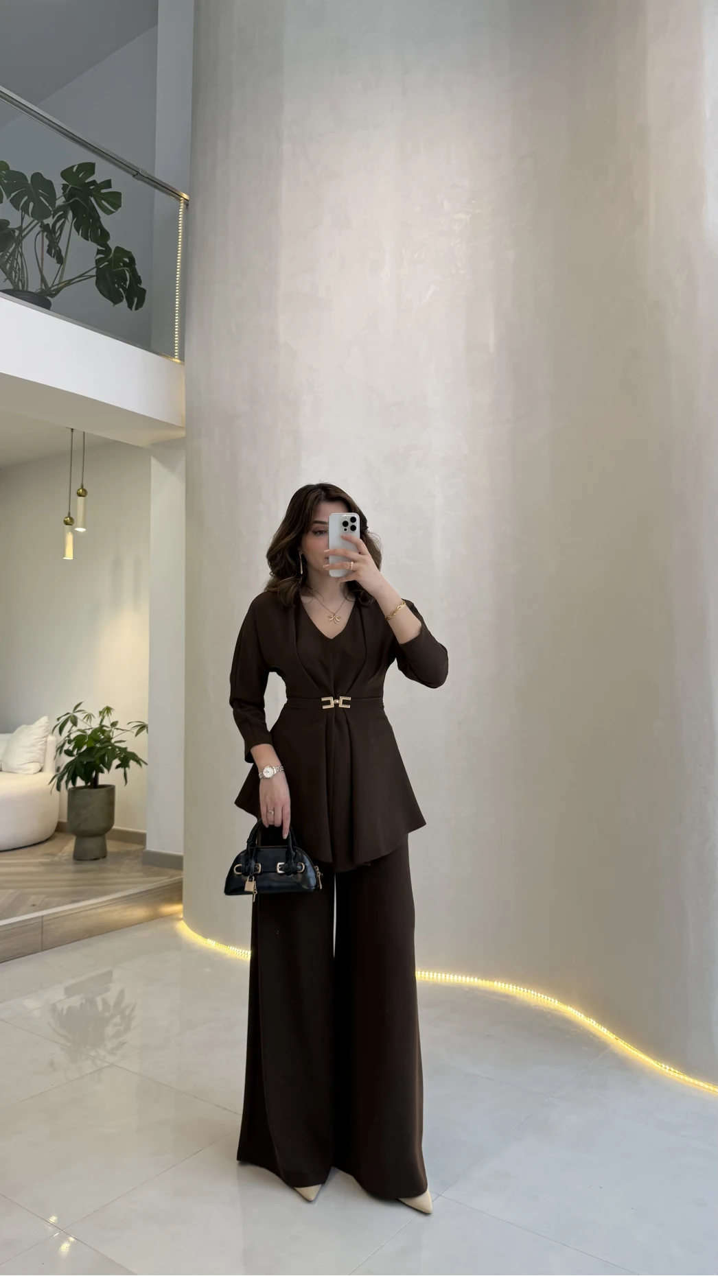 Beli Toka Detaylı Bluz Pantolon Takım - Kahverengi - Kod: 9399