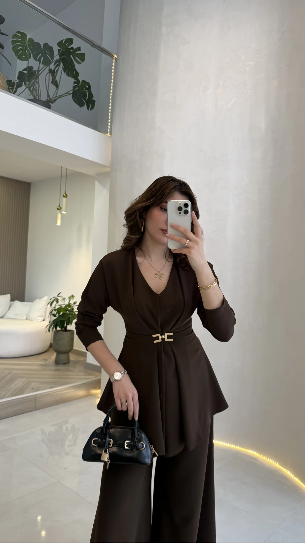 Beli Toka Detaylı Bluz Pantolon Takım - Kahverengi - Kod: 9399