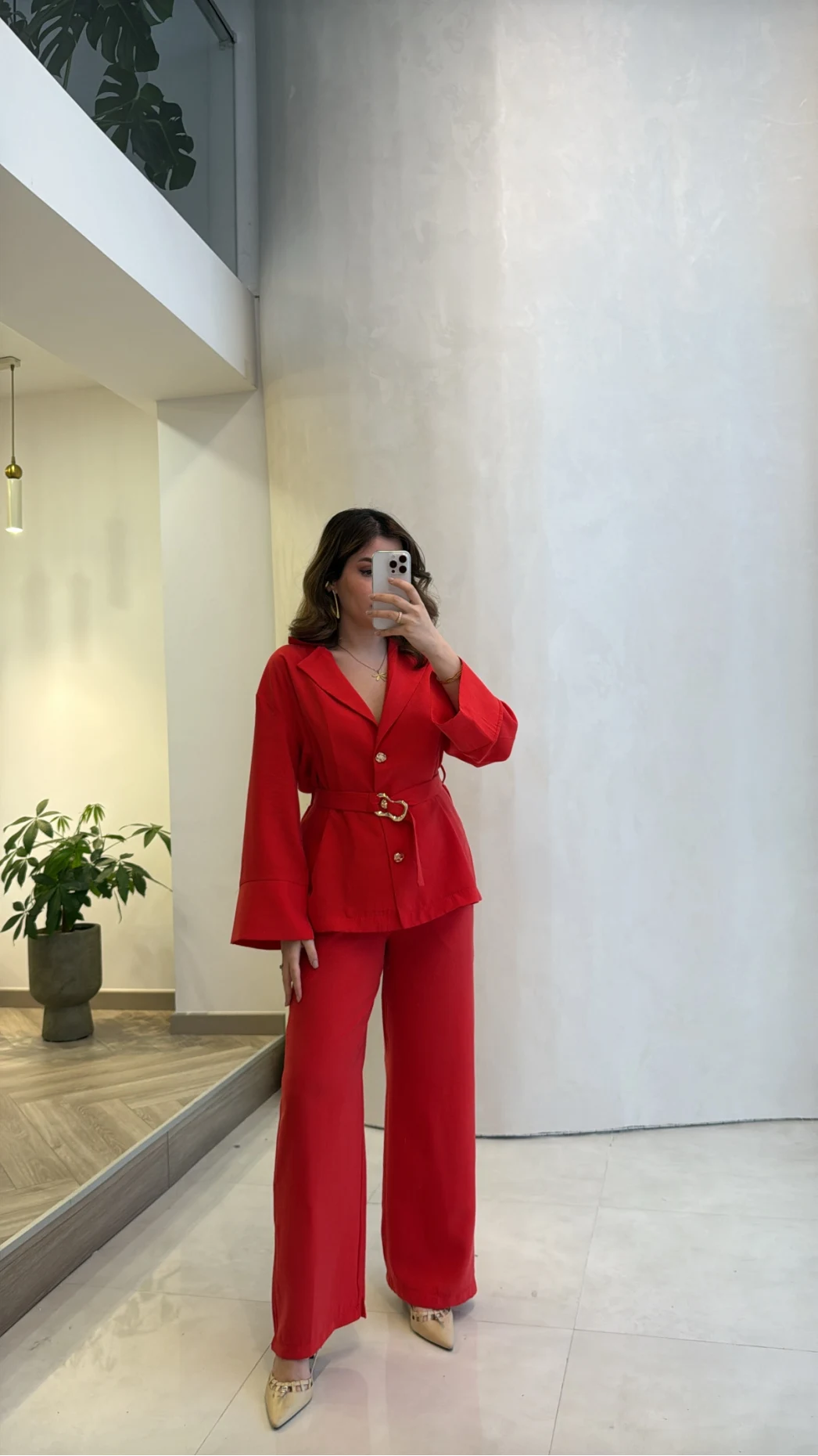 Toka Detay Kemerli Tunik Takım - Kırmızı - Kod: 8927