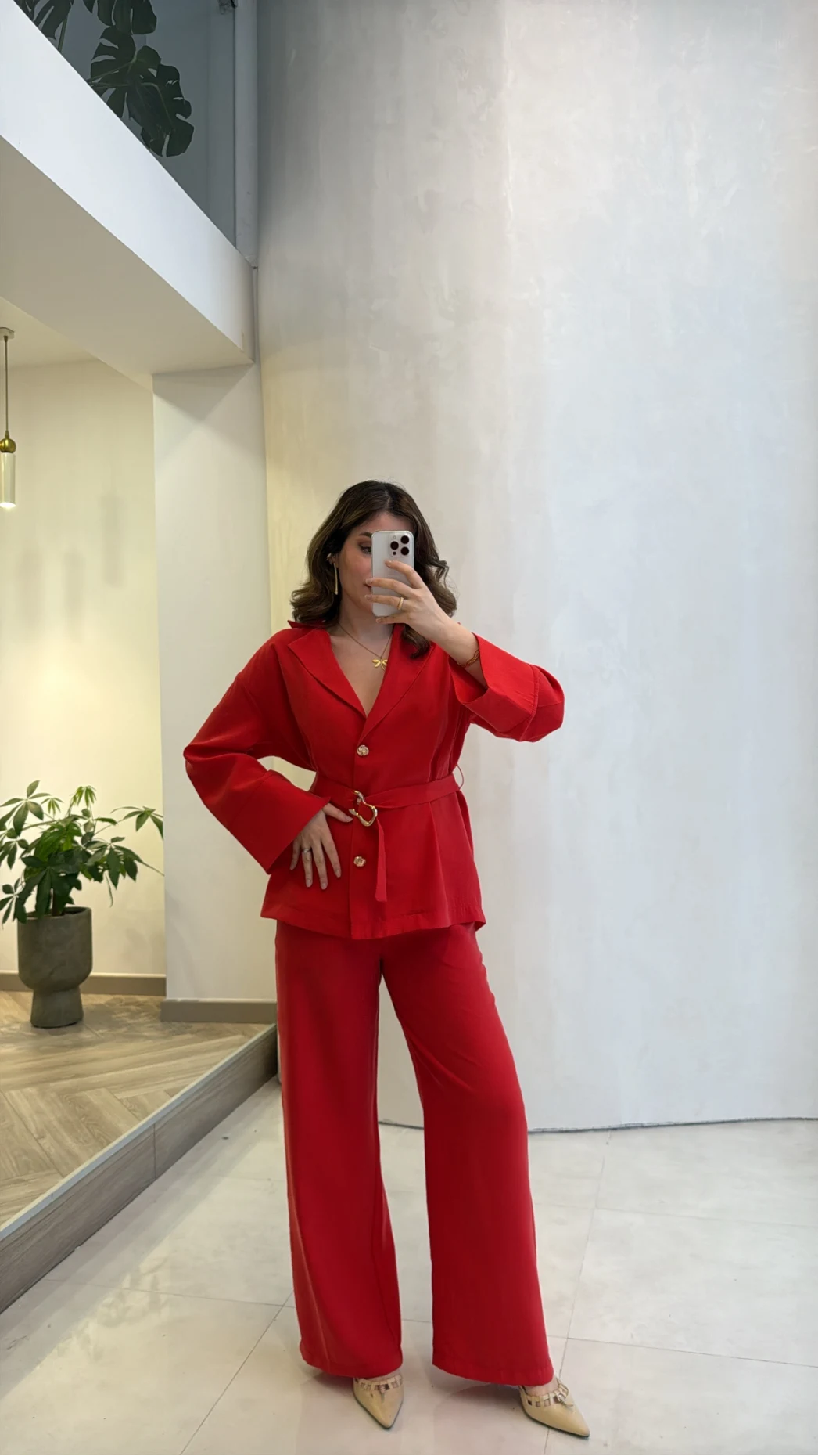 Toka Detay Kemerli Tunik Takım - Kırmızı - Kod: 8927