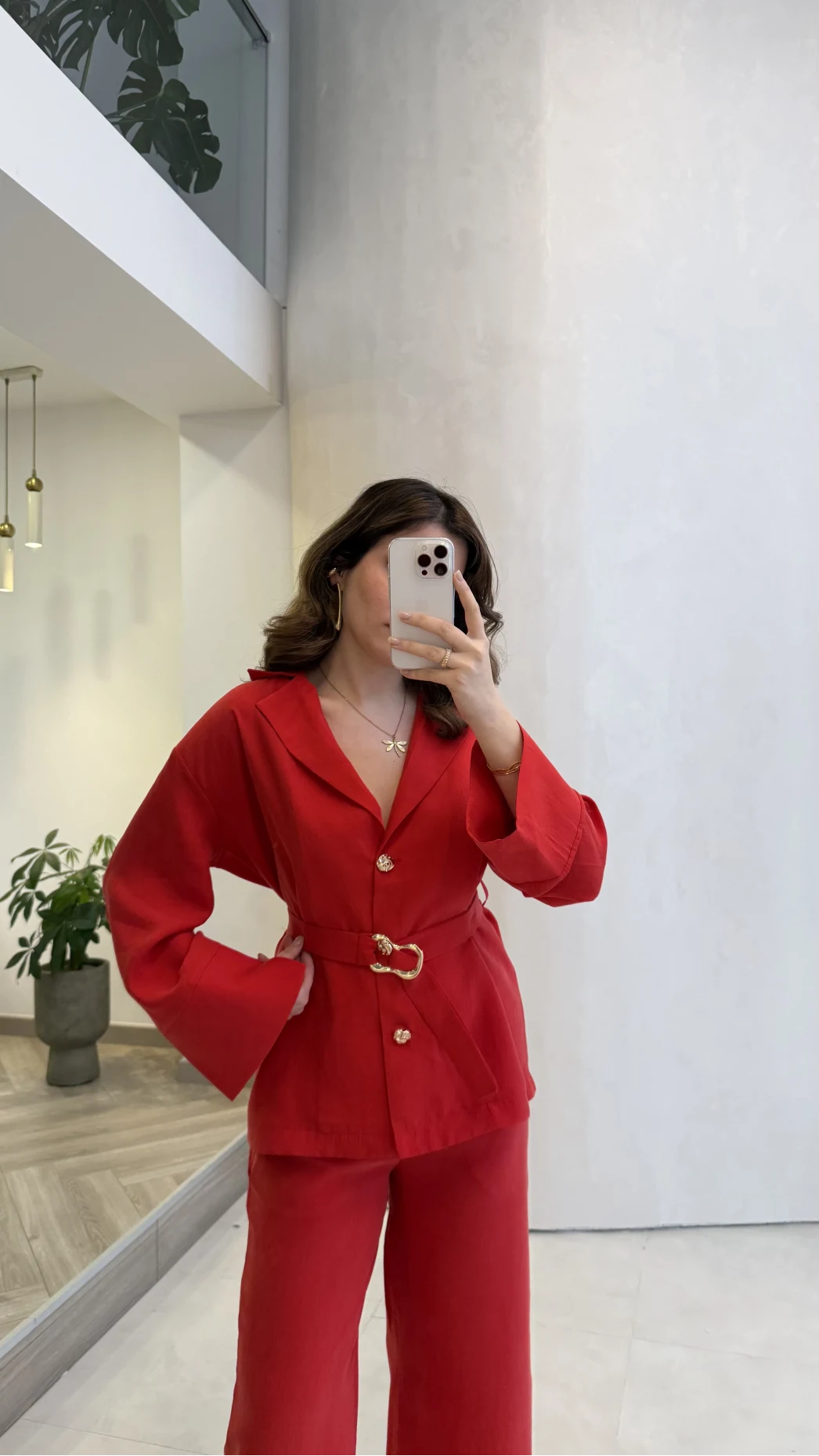 Toka Detay Kemerli Tunik Takım - Kırmızı - Kod: 8927