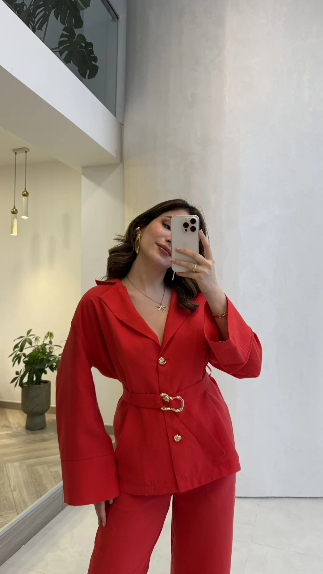 Toka Detay Kemerli Tunik Takım - Kırmızı - Kod: 8927