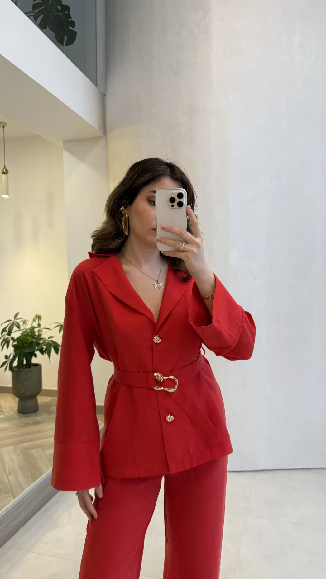 Toka Detay Kemerli Tunik Takım - Kırmızı - Kod: 8927