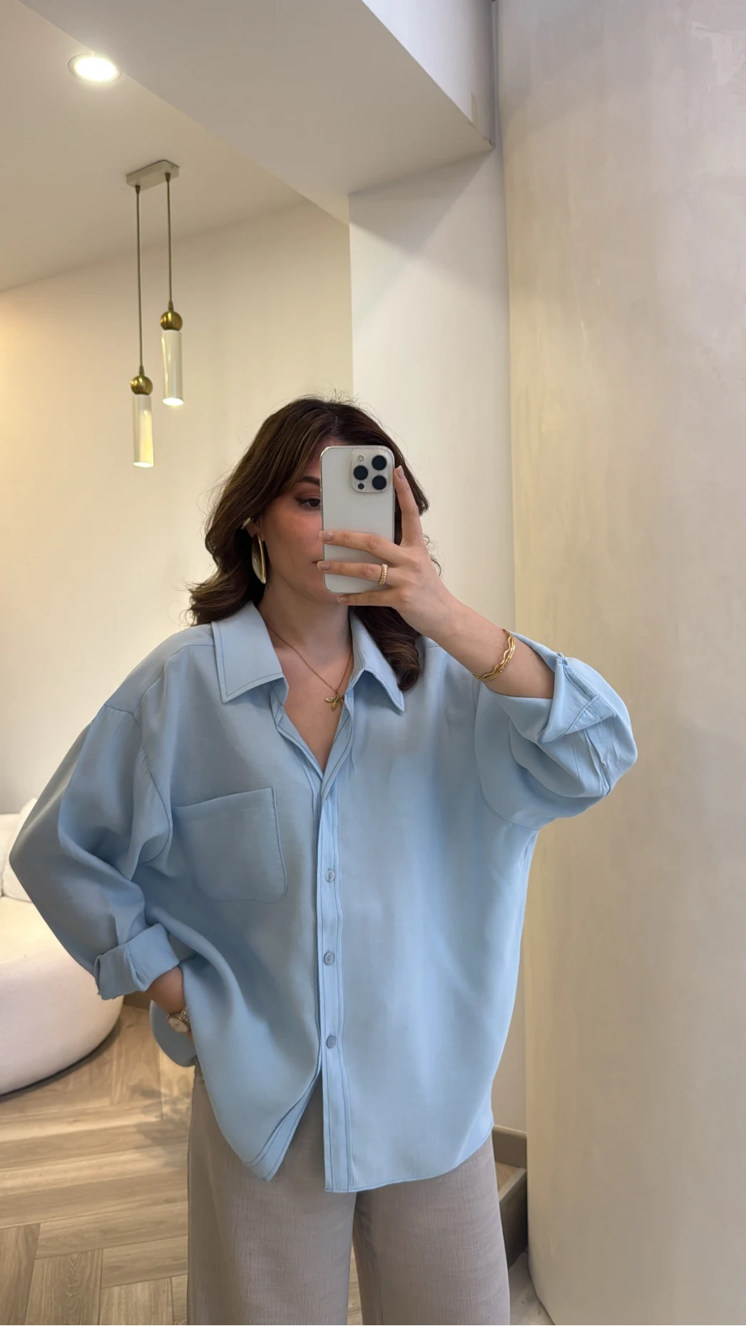 Düşük Omuzlu Modal Gömlek - Açık Mavi - Kod:5050