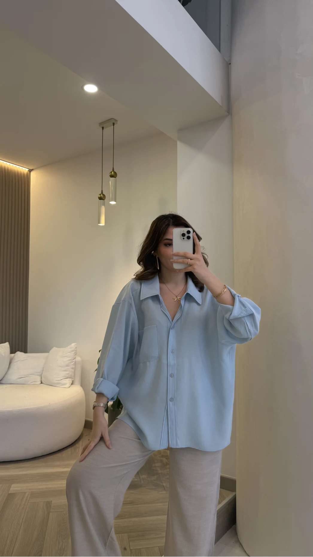 Düşük Omuzlu Modal Gömlek - Açık Mavi - Kod:5050