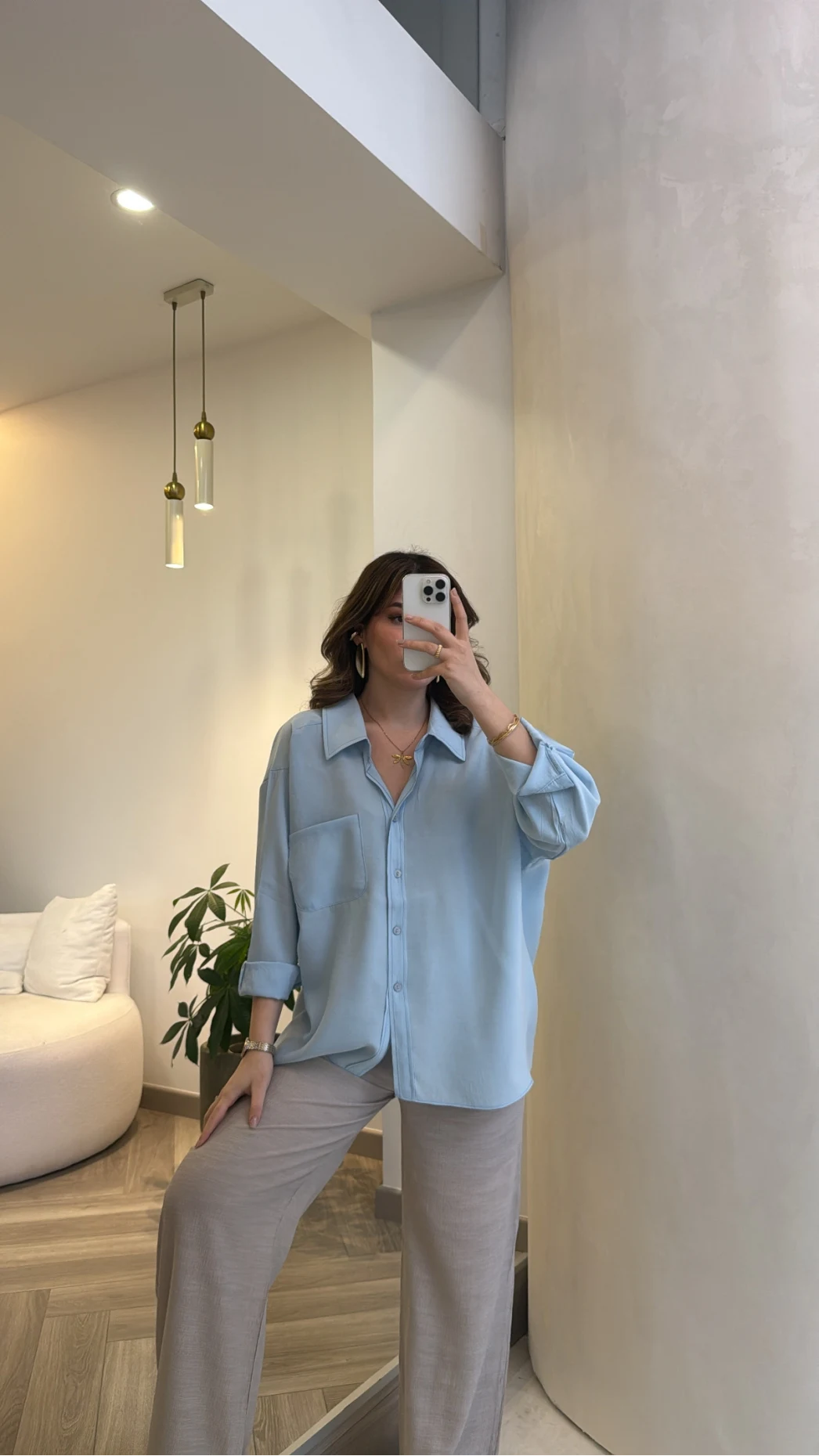 Düşük Omuzlu Modal Gömlek - Açık Mavi - Kod:5050