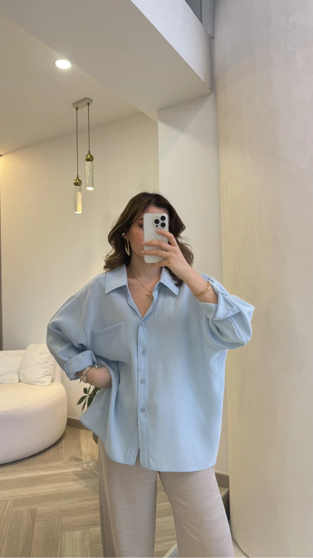 Düşük Omuzlu Modal Gömlek - Açık Mavi - Kod:5050