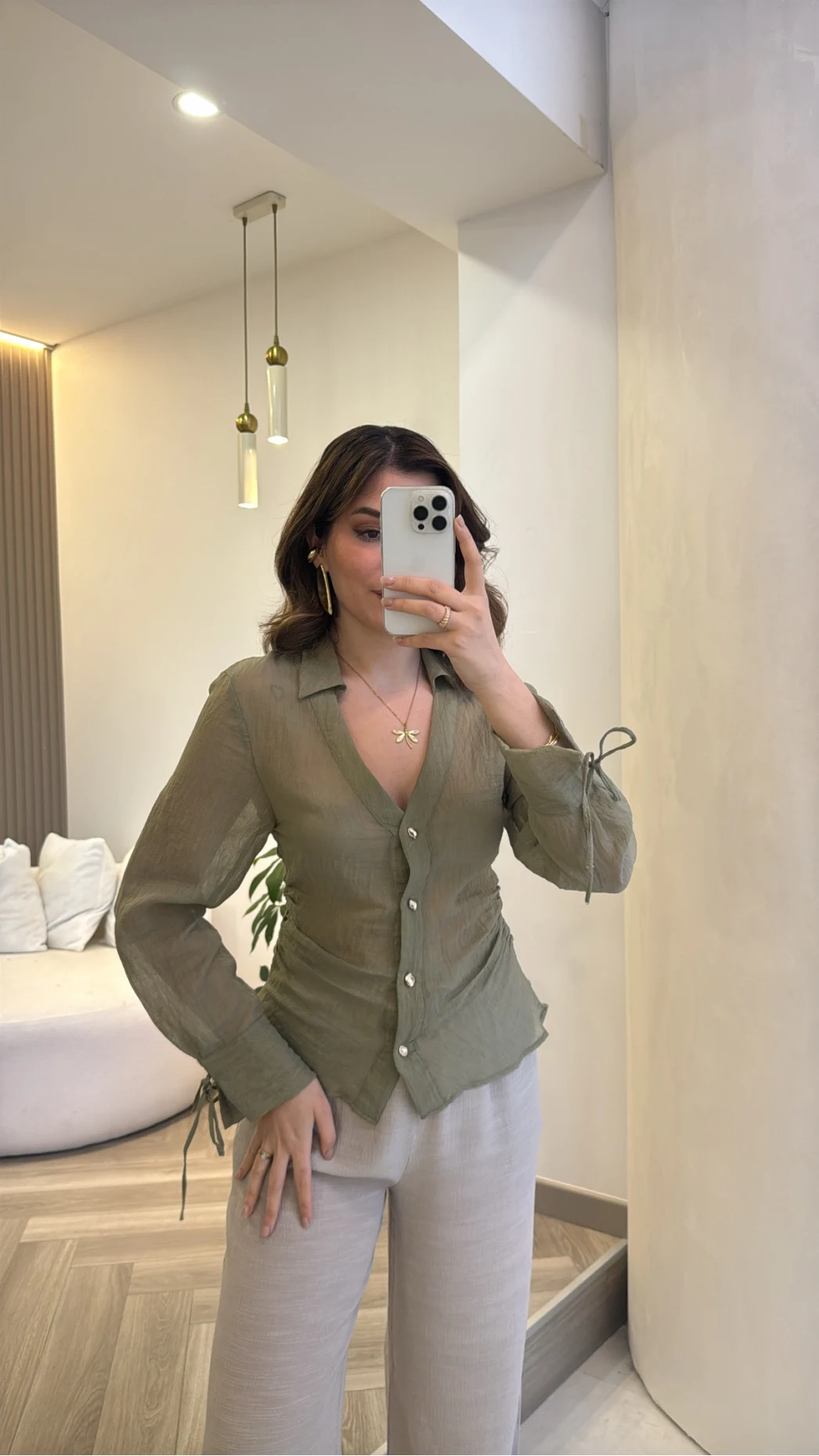 Merely Beli Büzgü Detayı Gömlek - Yeşil - Kod:123