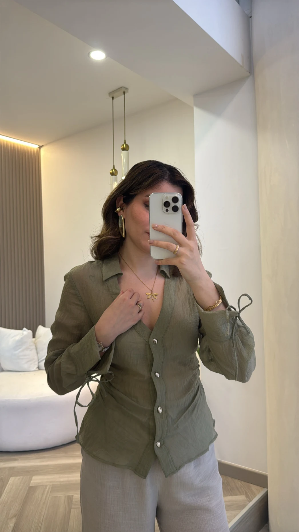 Merely Beli Büzgü Detayı Gömlek - Yeşil - Kod:123