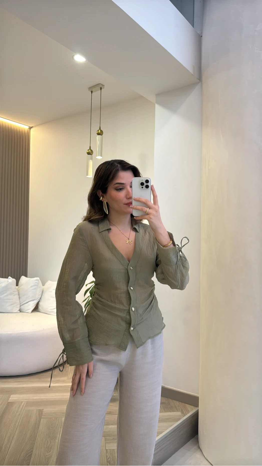 Merely Beli Büzgü Detayı Gömlek - Yeşil - Kod:123