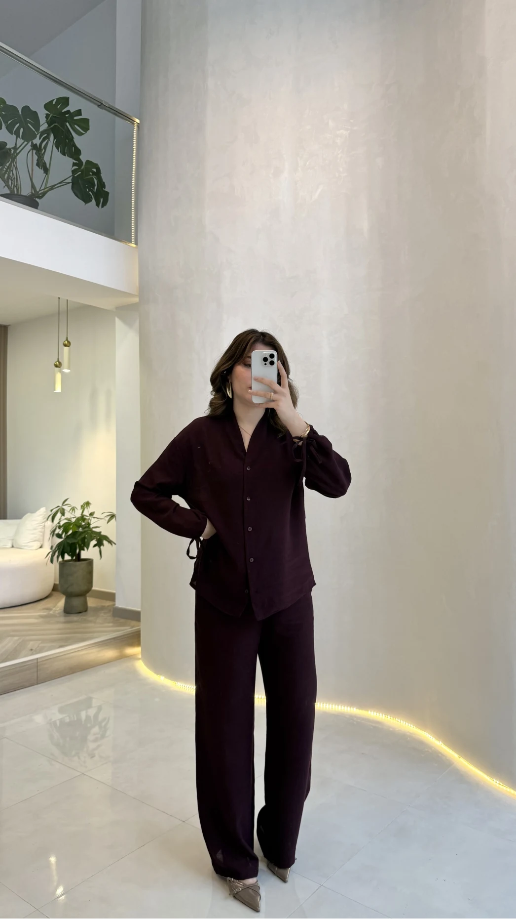 Library V Yaka Bilek Detaylı Gömlek Takım - Mürdüm - Kod: 9050