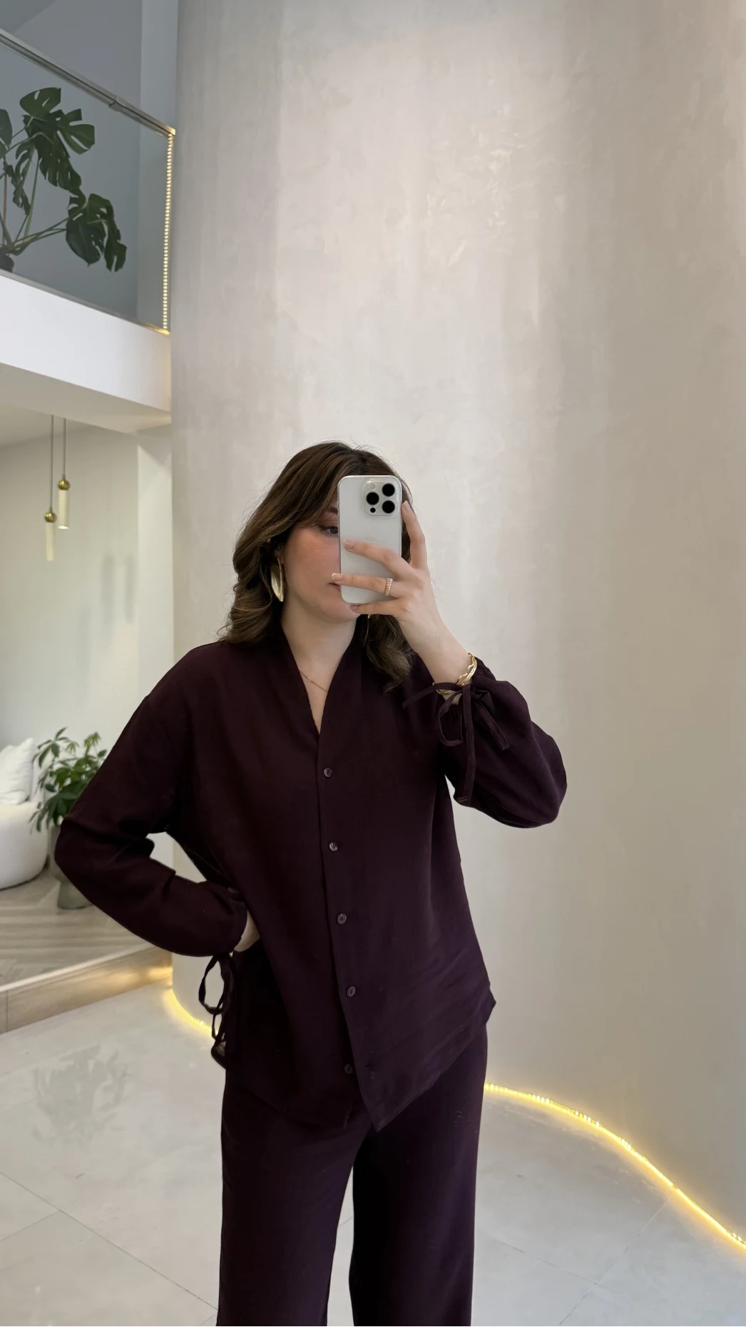 Library V Yaka Bilek Detaylı Gömlek Takım - Mürdüm - Kod: 9050