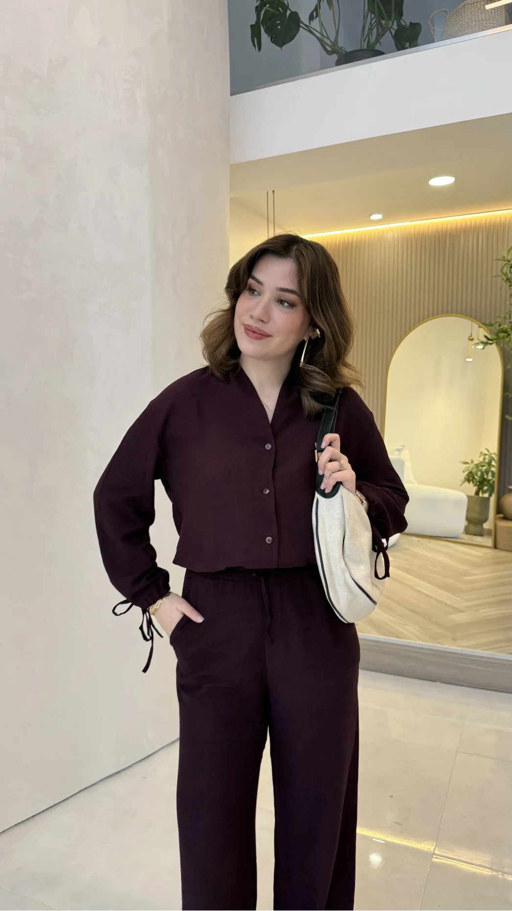 Library V Yaka Bilek Detaylı Gömlek Takım - Mürdüm - Kod: 9050