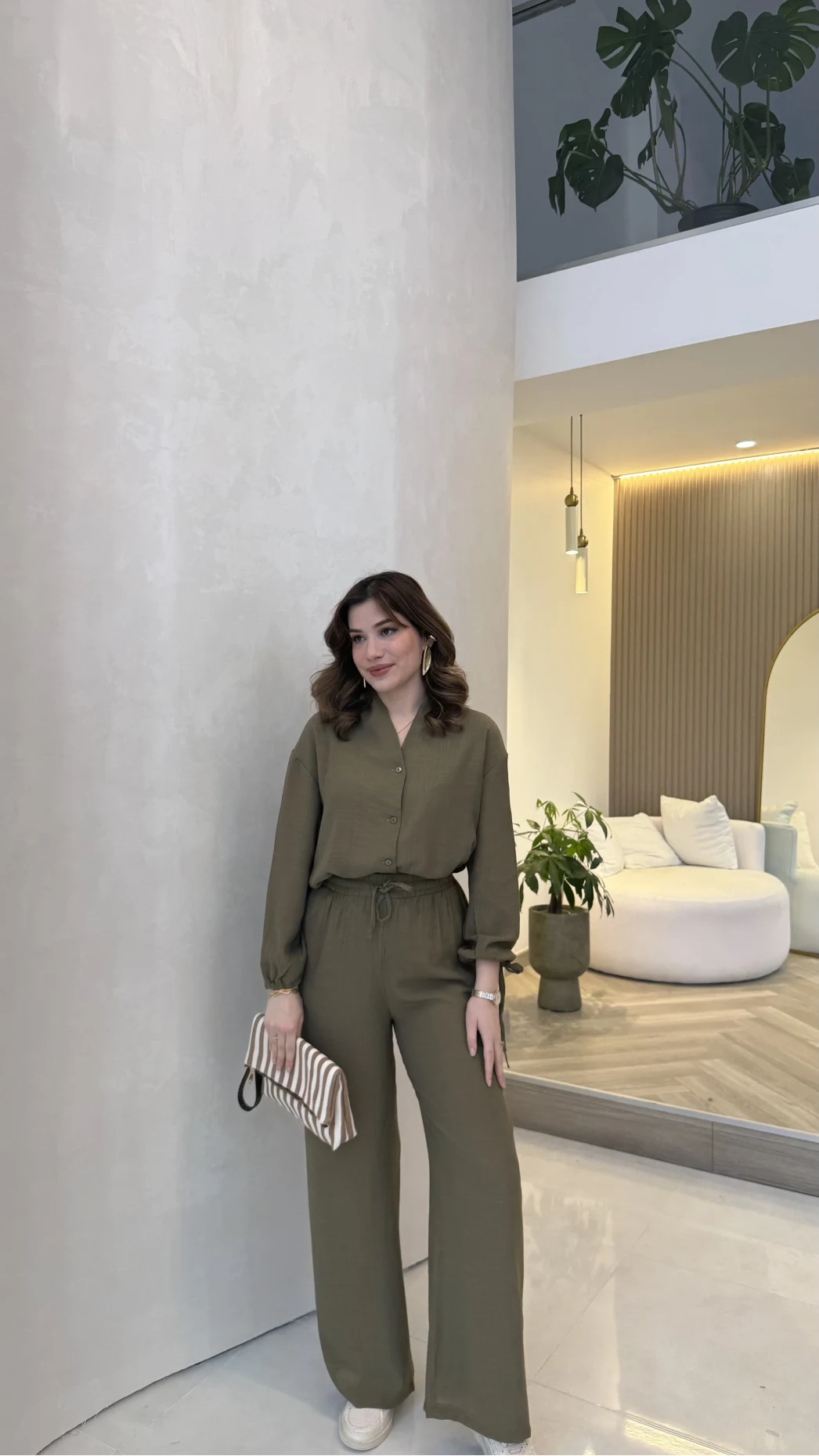 Library V Yaka Bilek Detaylı Gömlek Takım - Haki - Kod: 9050