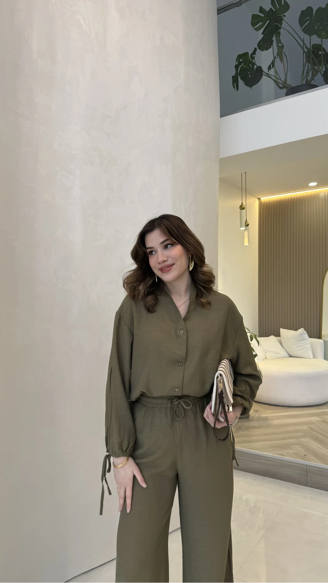 Library V Yaka Bilek Detaylı Gömlek Takım - Haki - Kod: 9050