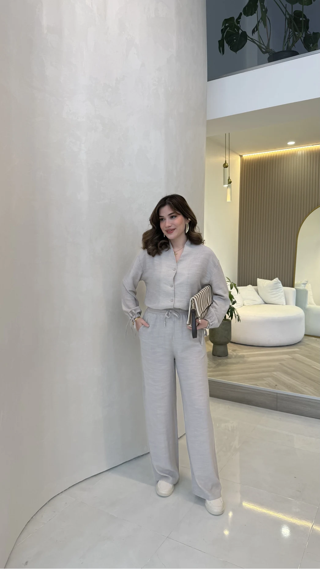 Library V Yaka Bilek Detaylı Gömlek Takım - Taş - Kod: 9050