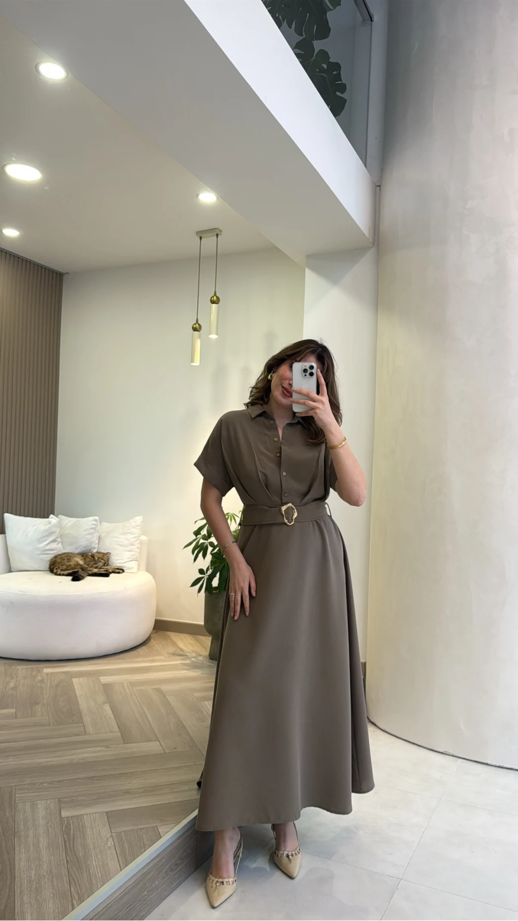 Kemer Detay Düğmeli Kısa Kol Elbise - Haki - Kod: 2376