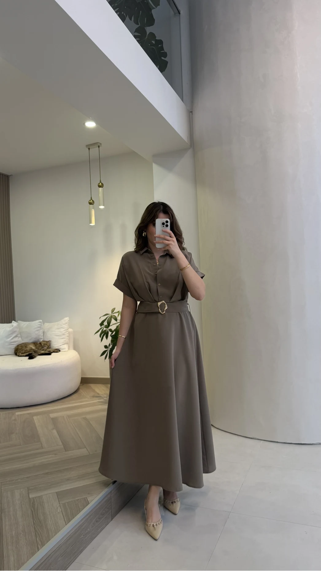 Kemer Detay Düğmeli Kısa Kol Elbise - Haki - Kod: 2376