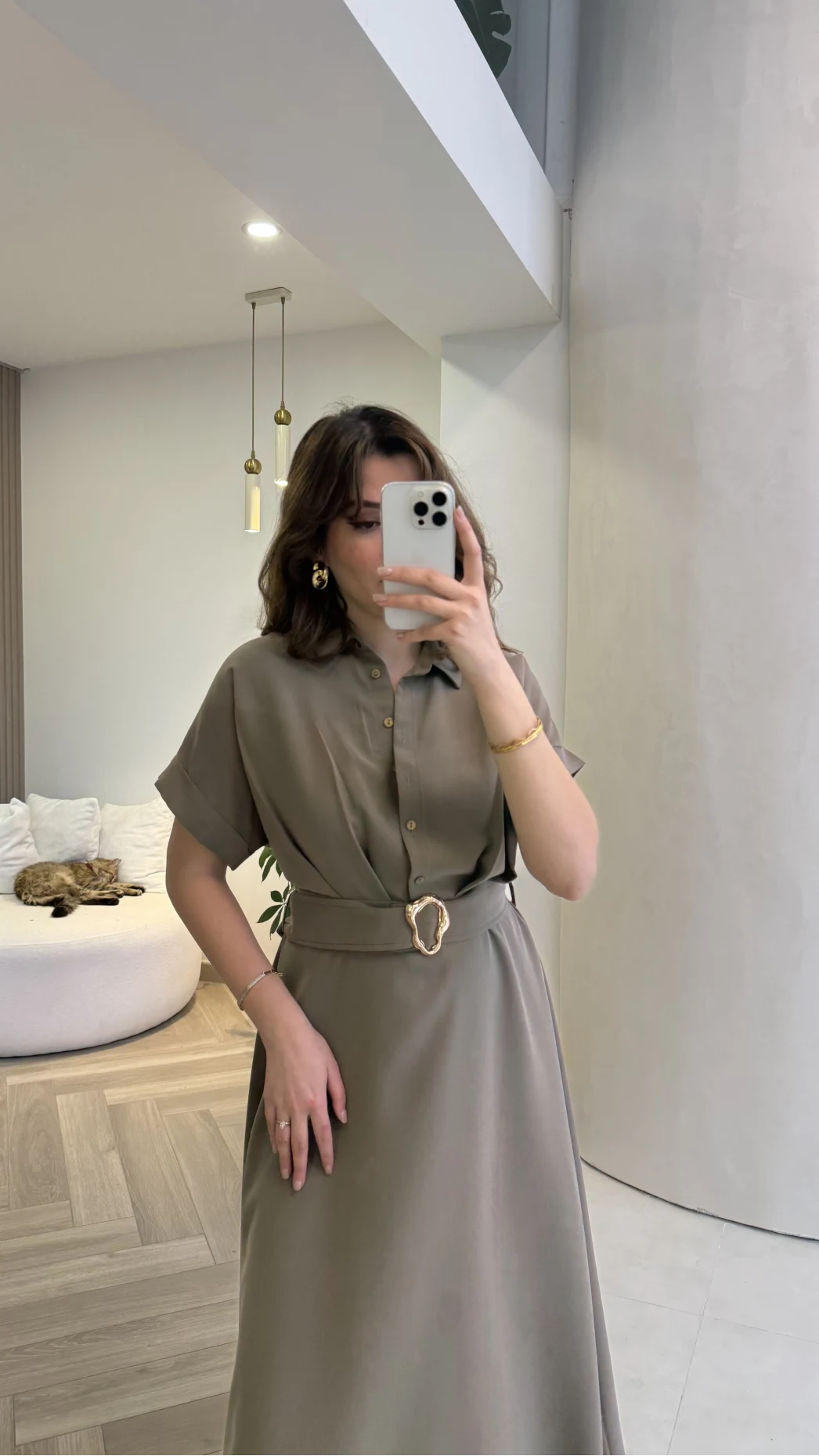 Kemer Detay Düğmeli Kısa Kol Elbise - Haki - Kod: 2376