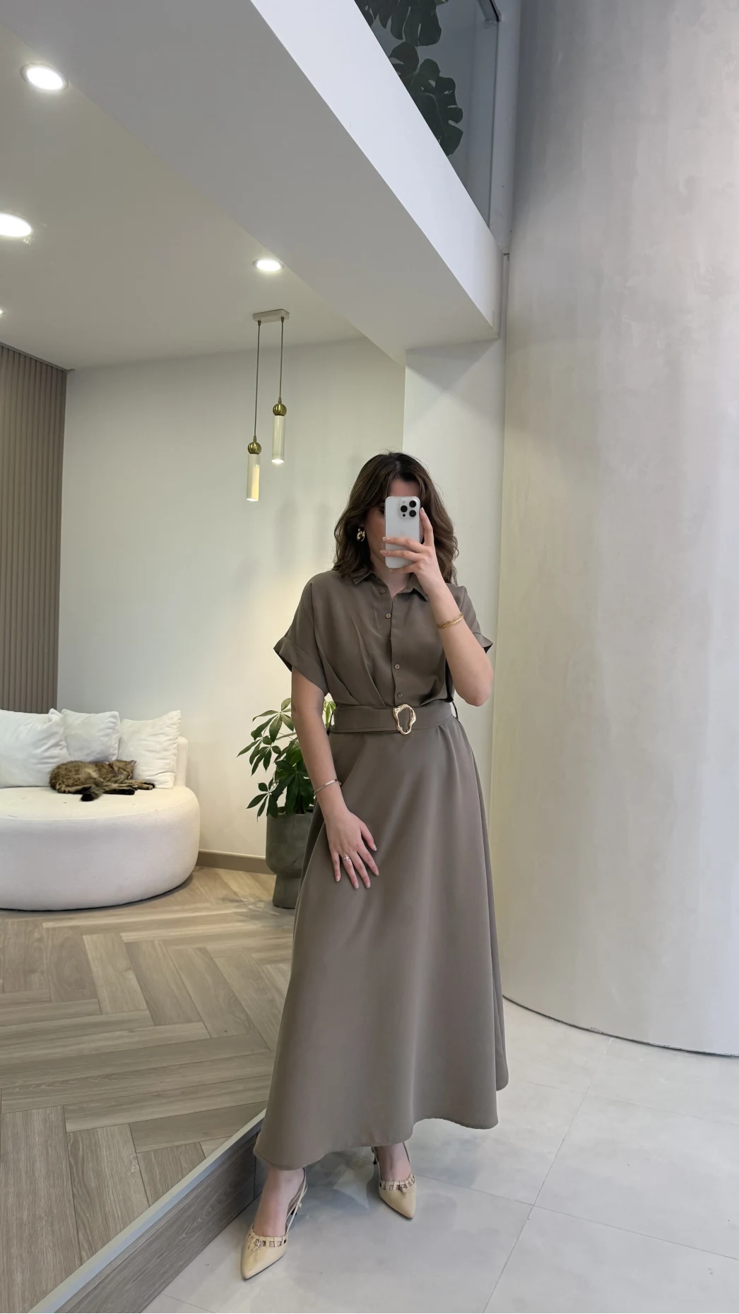 Kemer Detay Düğmeli Kısa Kol Elbise - Haki - Kod: 2376