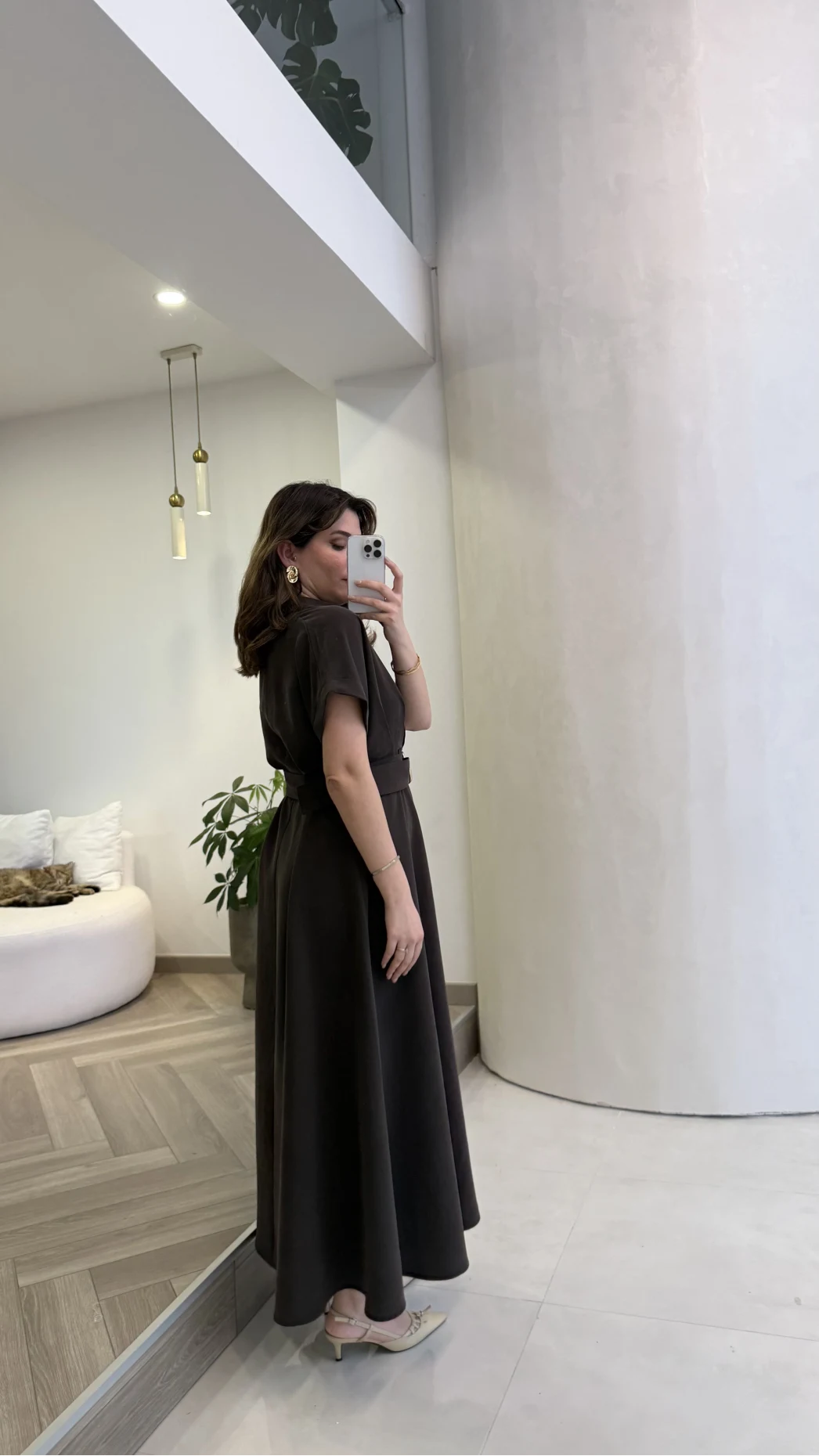 Kemer Detay Düğmeli Kısa Kol Elbise - Kahve - Kod: 2376