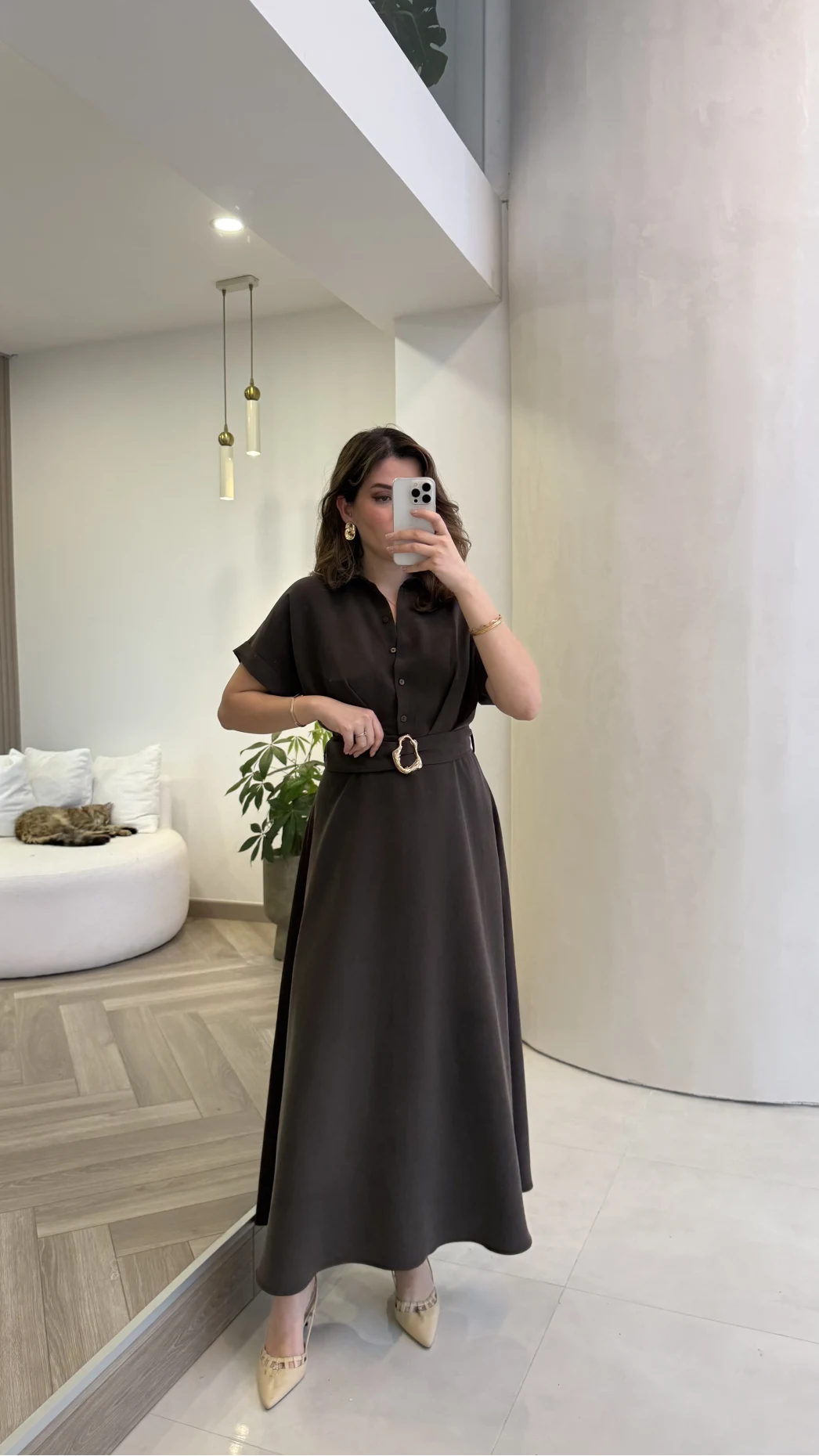 Kemer Detay Düğmeli Kısa Kol Elbise - Kahve - Kod: 2376