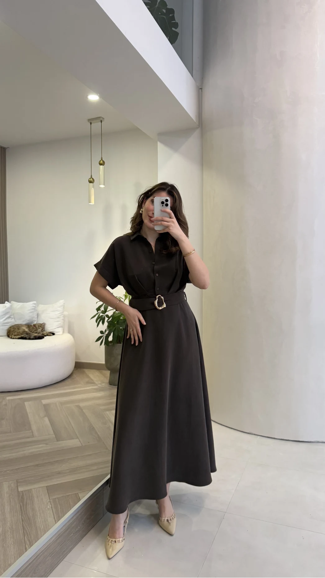 Kemer Detay Düğmeli Kısa Kol Elbise - Kahve - Kod: 2376