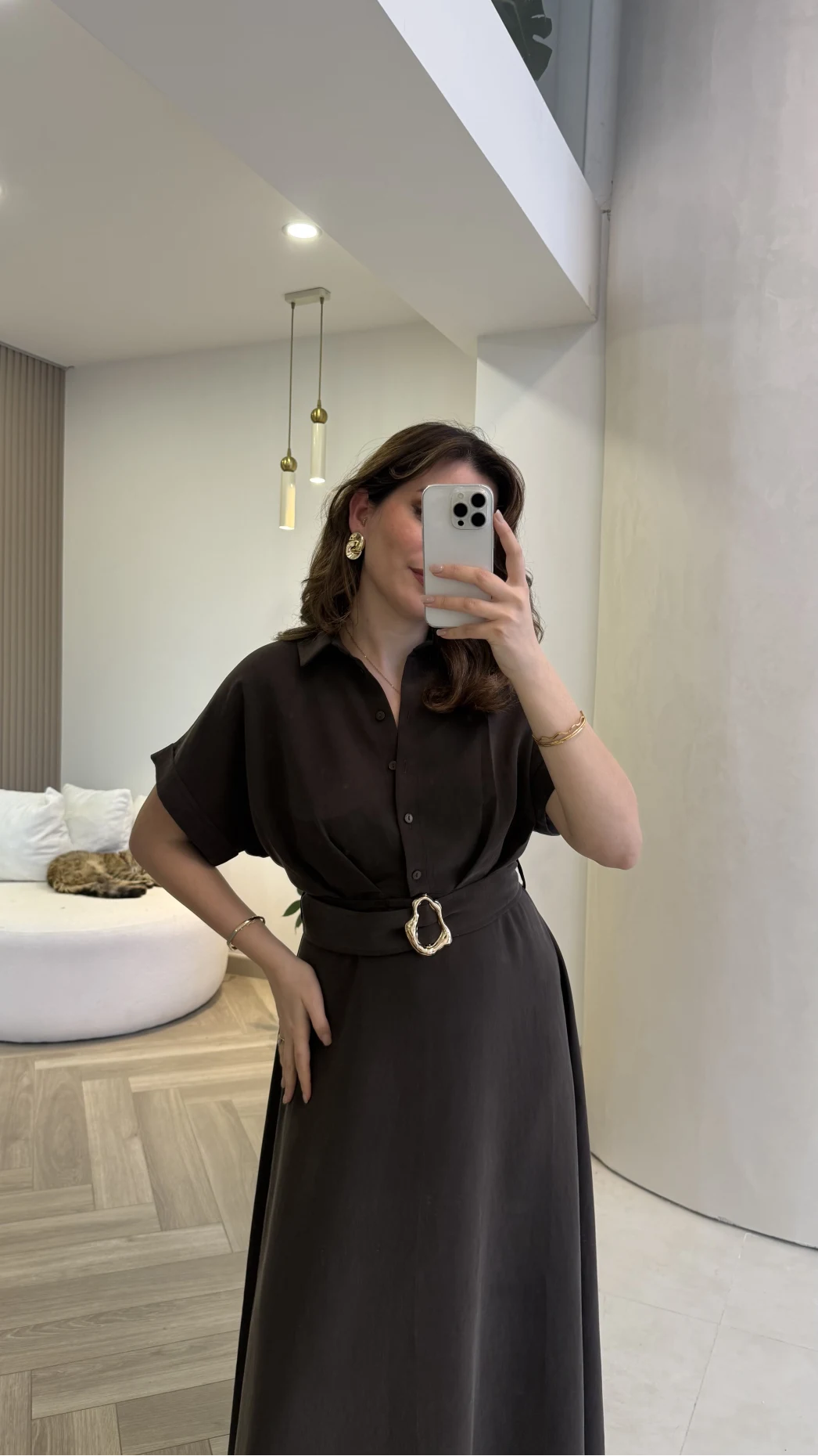 Kemer Detay Düğmeli Kısa Kol Elbise - Kahve - Kod: 2376