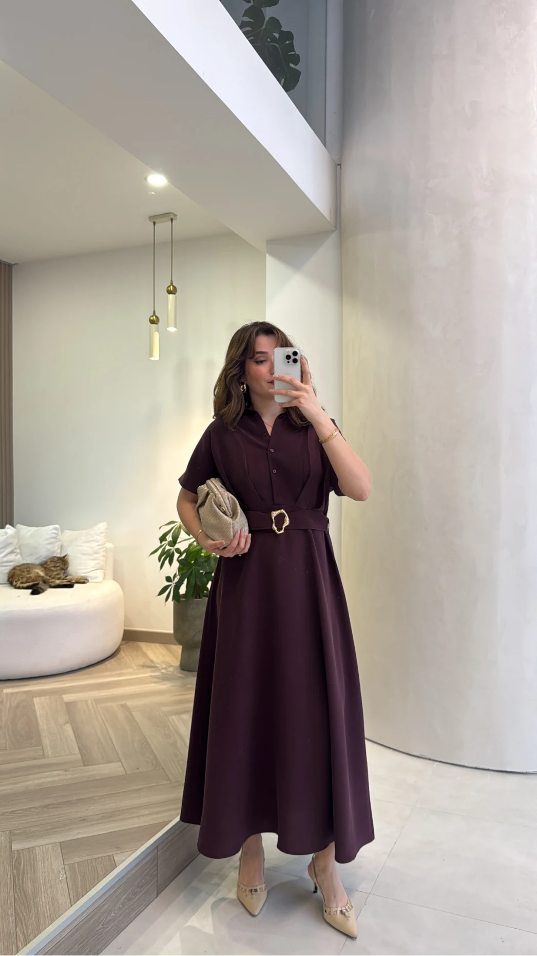 Kemer Detay Düğmeli Kısa Kol Elbise - Mürdüm - Kod: 2376