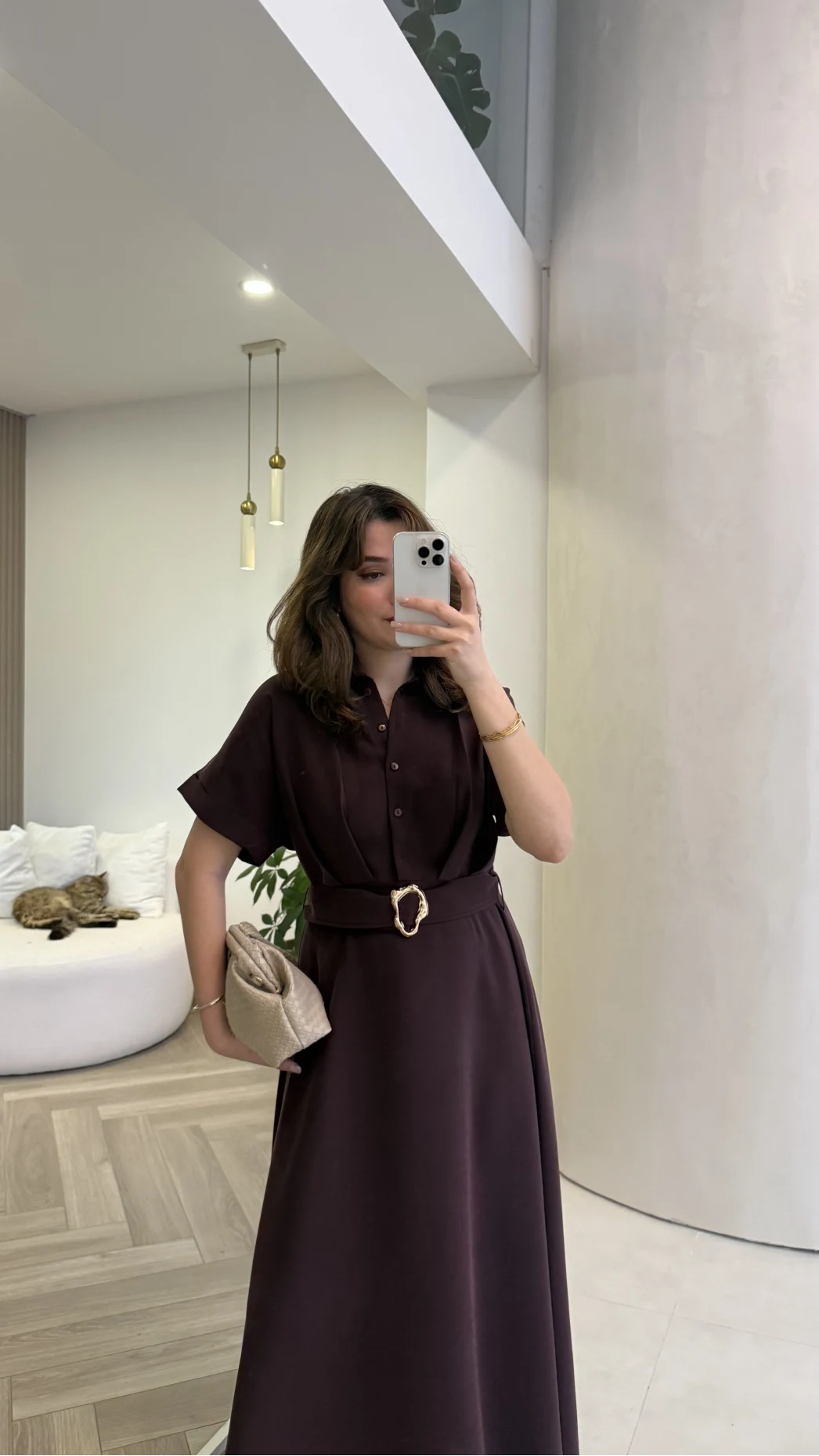 Kemer Detay Düğmeli Kısa Kol Elbise - Mürdüm - Kod: 2376