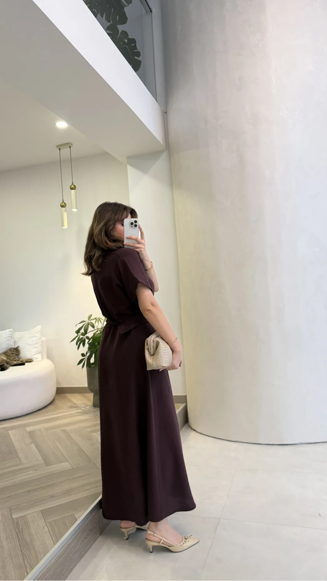 Kemer Detay Düğmeli Kısa Kol Elbise - Mürdüm - Kod: 2376