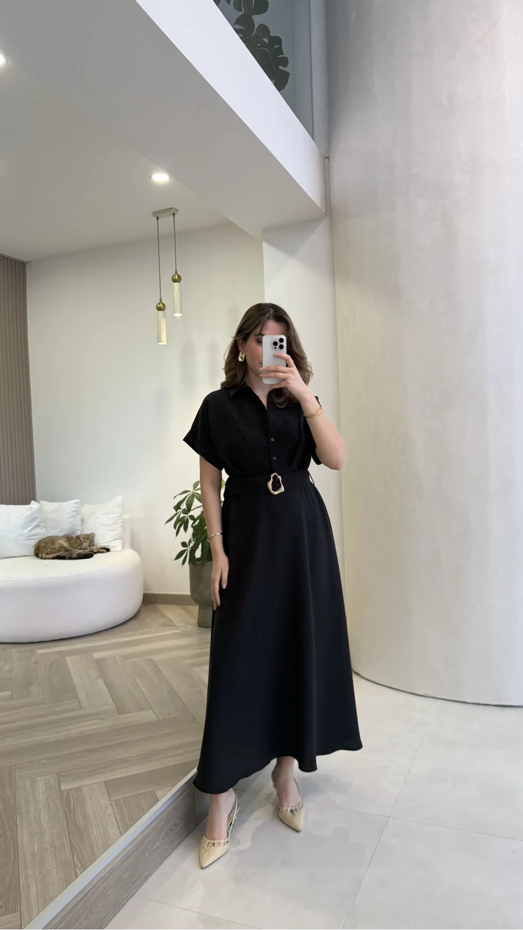 Kemer Detay Düğmeli Kısa Kol Elbise - Siyah - Kod: 2376