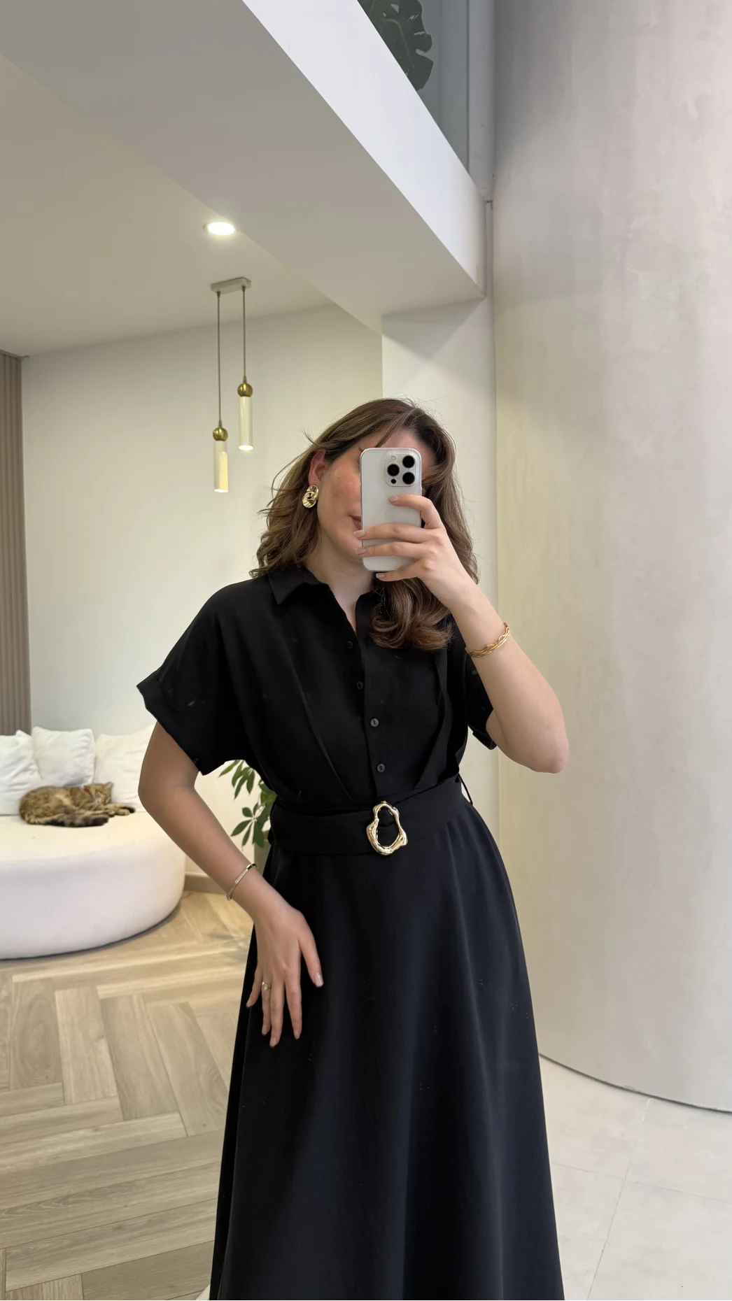 Kemer Detay Düğmeli Kısa Kol Elbise - Siyah - Kod: 2376